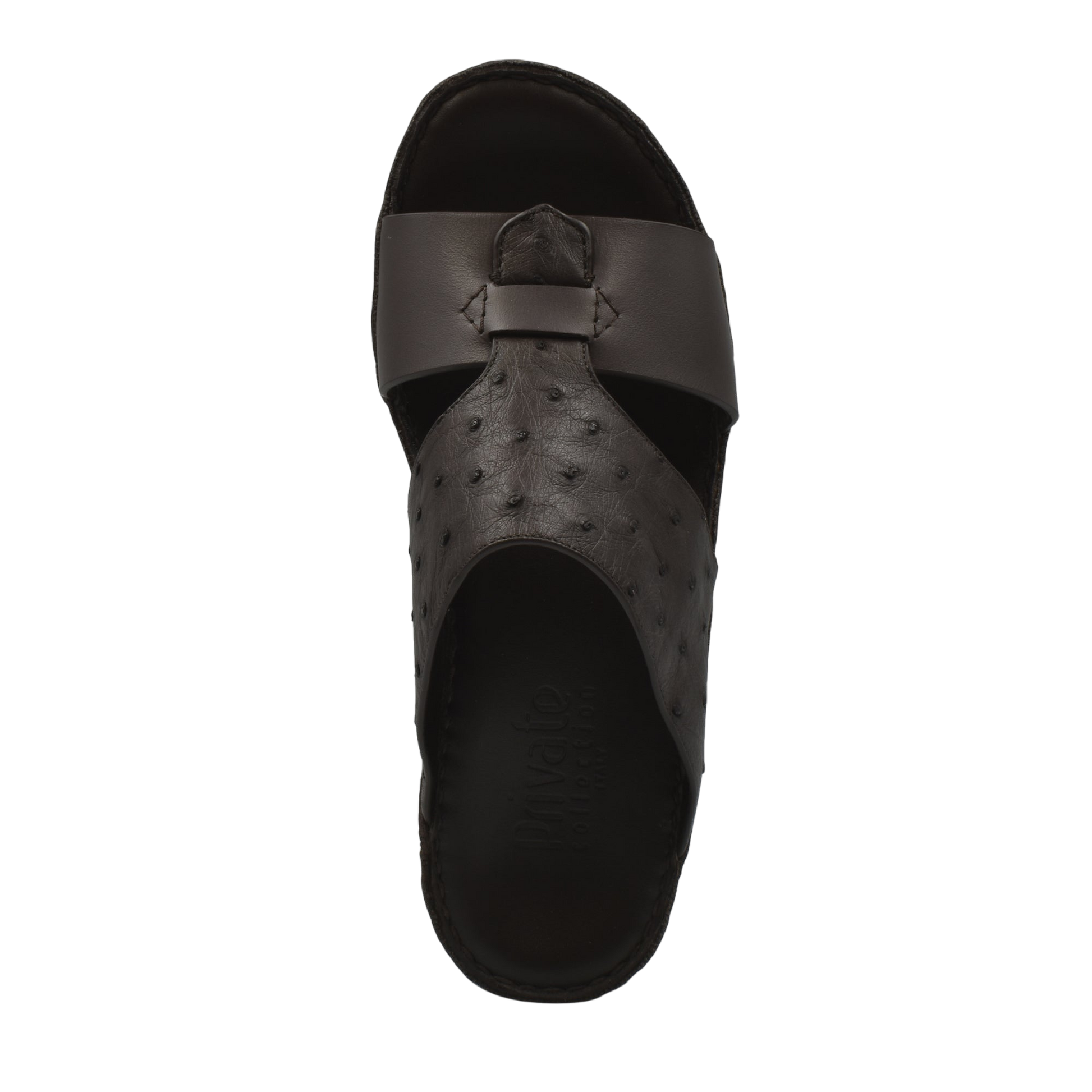 Black ostrich embossed slip on sandals with textured leather and open toe design