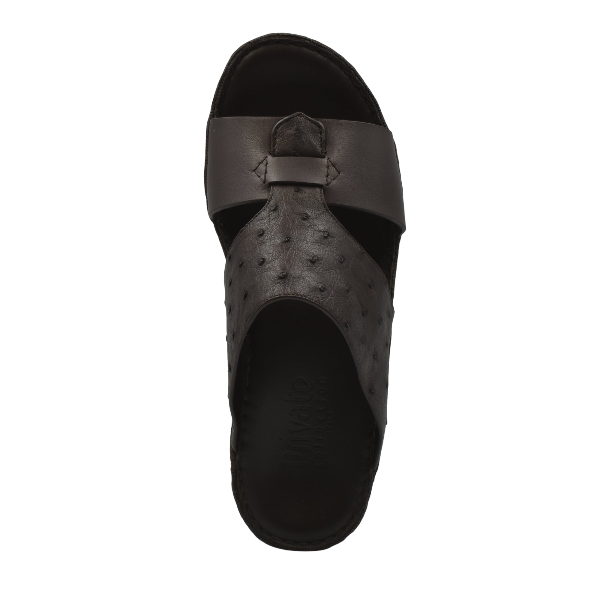 Black ostrich embossed slip on sandals with textured leather and open toe design