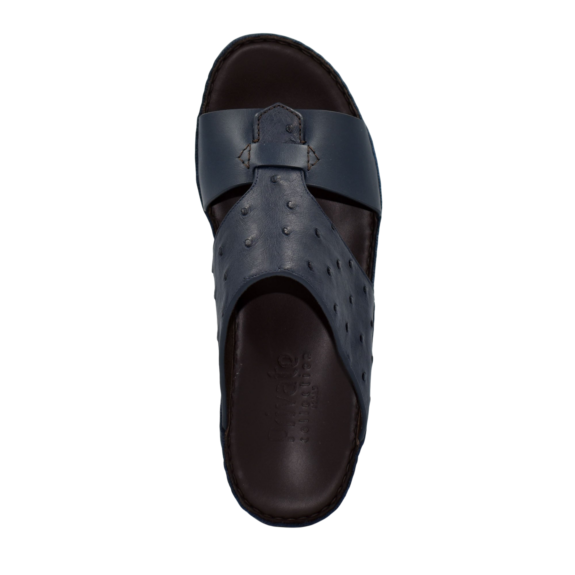 Black ostrich embossed slip on sandals with a textured leather upper and comfortable sole