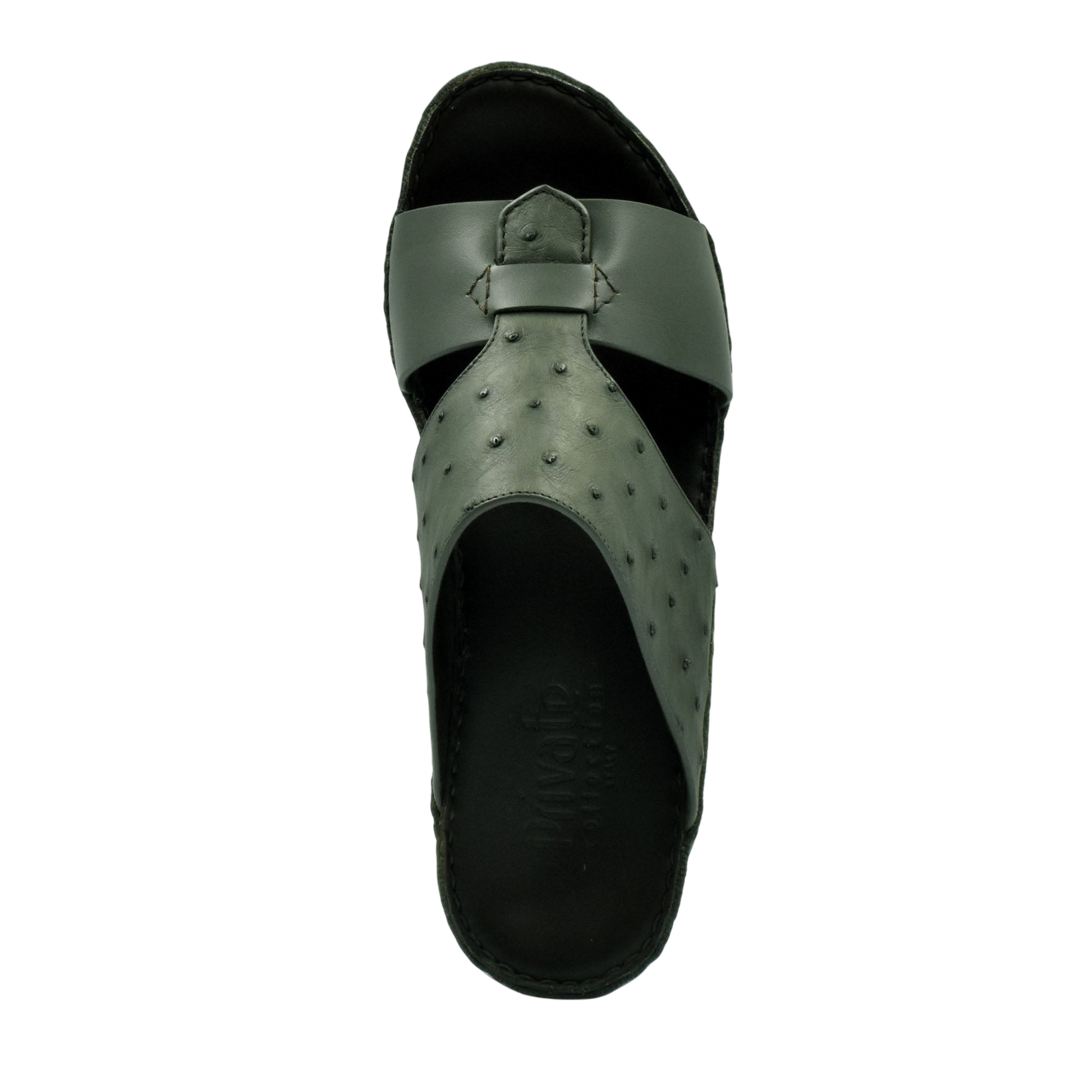 Top view of green ostrich embossed slip on sandals with cushioned black sole