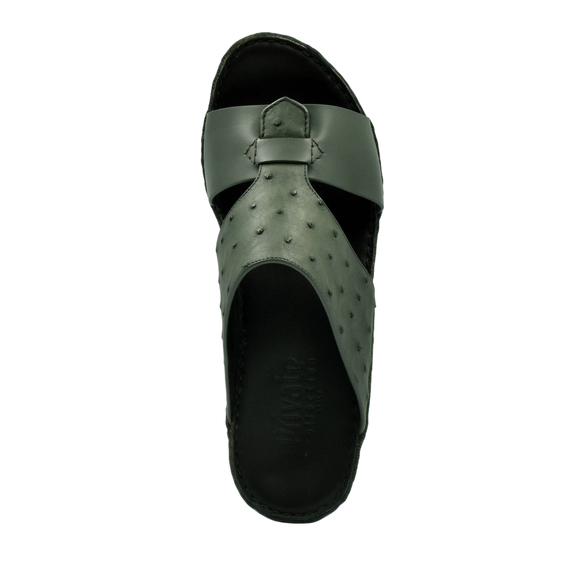 Top view of green ostrich embossed slip on sandals with cushioned black sole