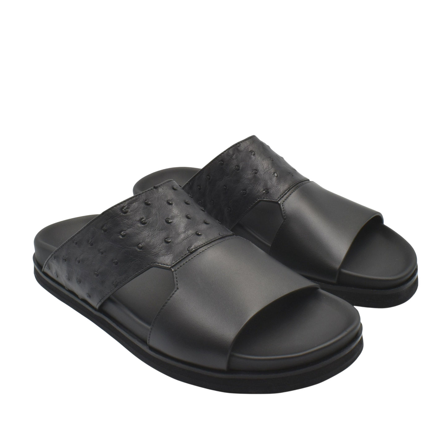 Black open-toe slides made with premium ostrich leather footwear featuring textured leather straps