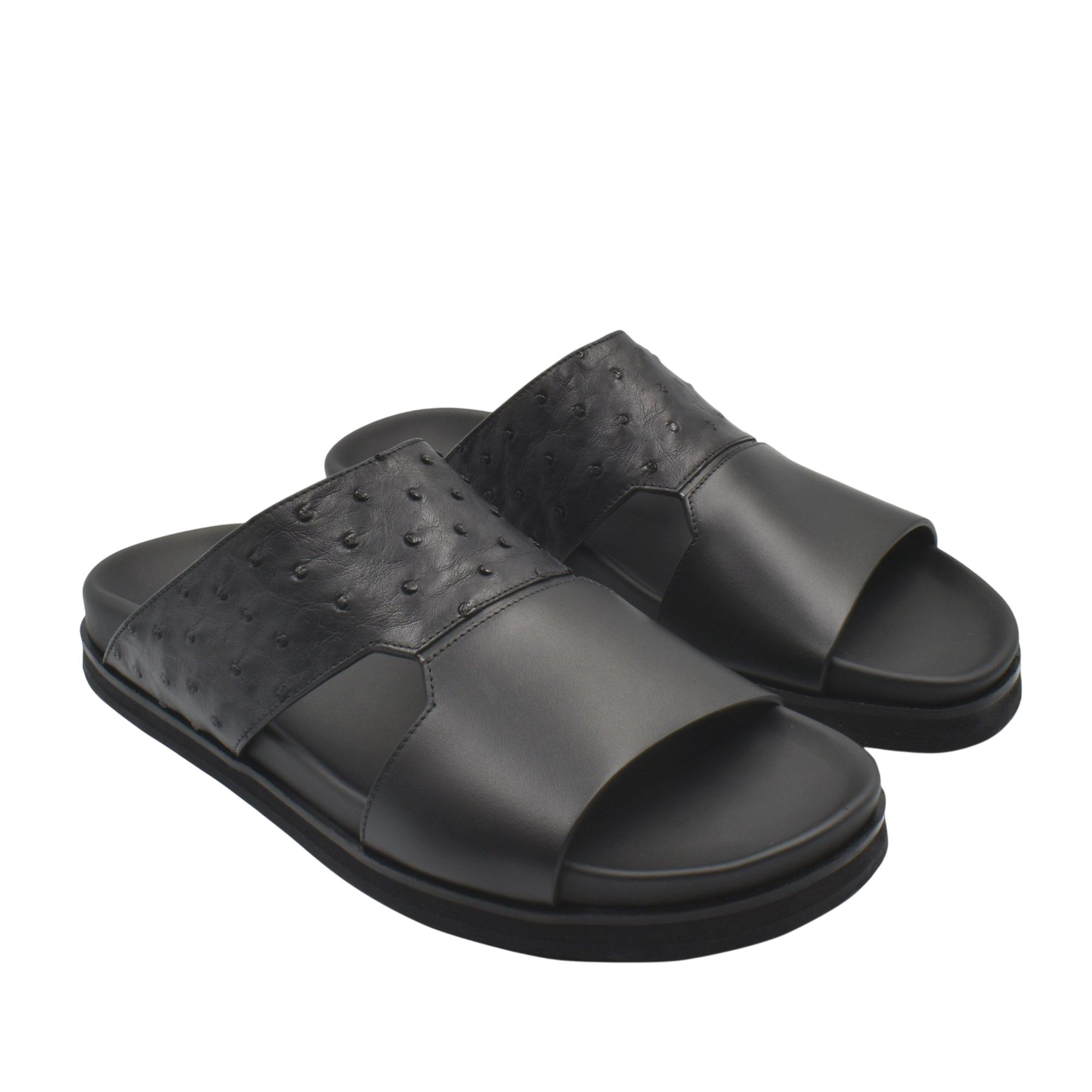 Black open-toe slides made with premium ostrich leather footwear featuring textured leather straps