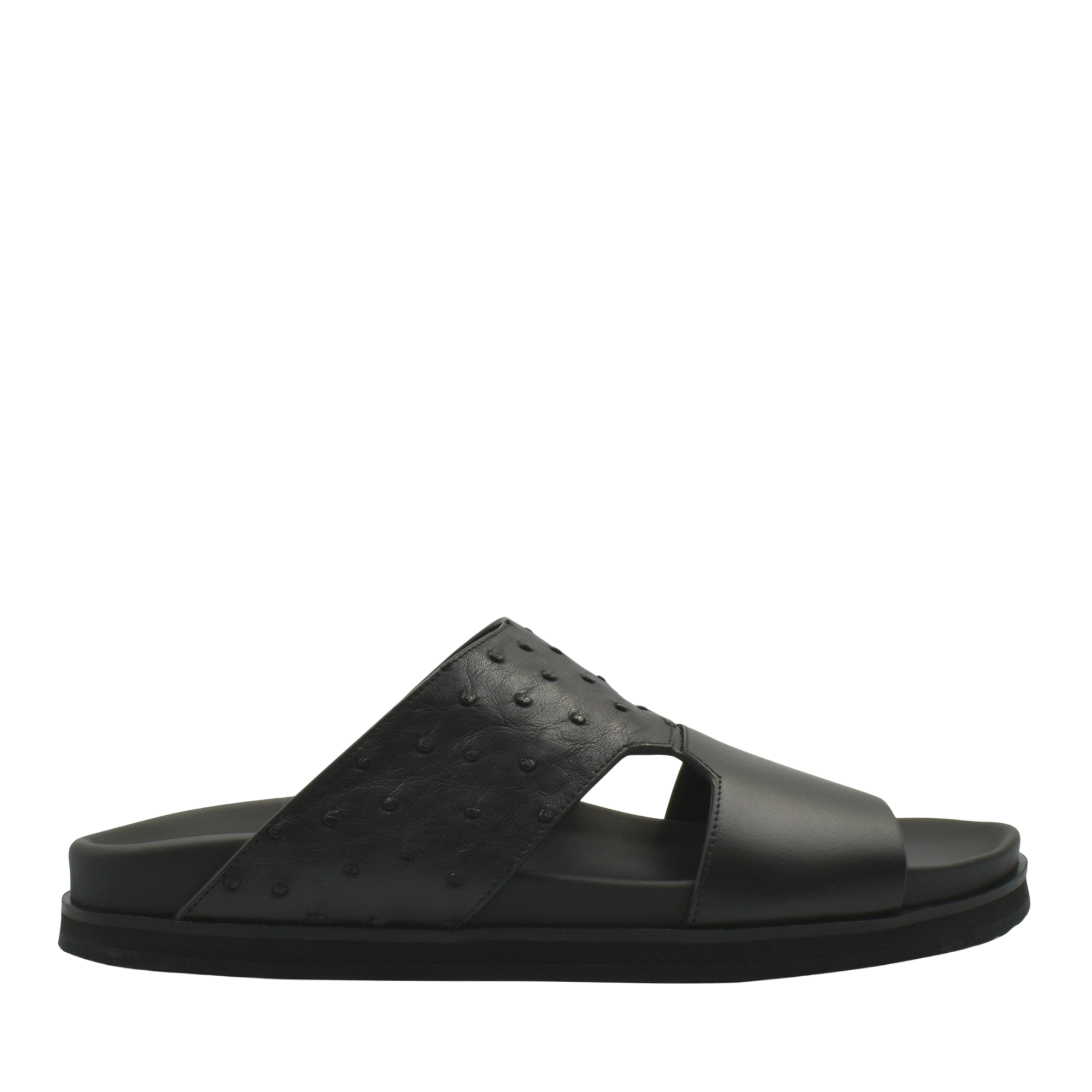 Black men's sandal featuring ostrich leather footwear design with comfortable sole from Private collection