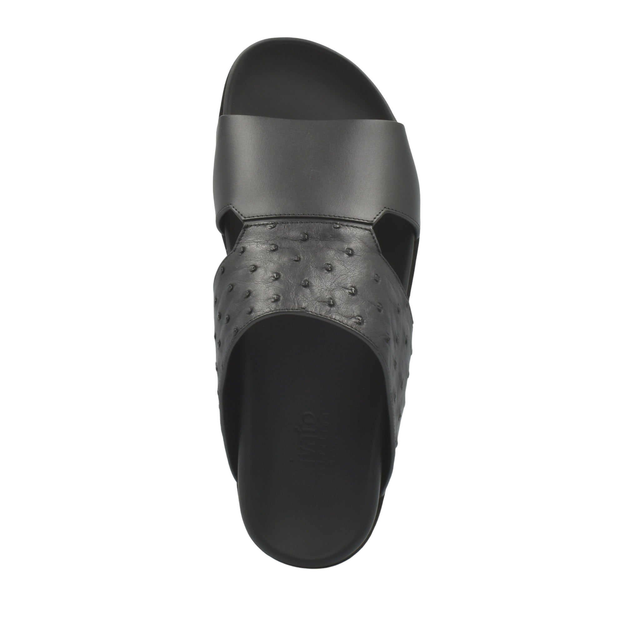 Black slide sandal featuring authentic ostrich leather footwear upper from Private Collection
