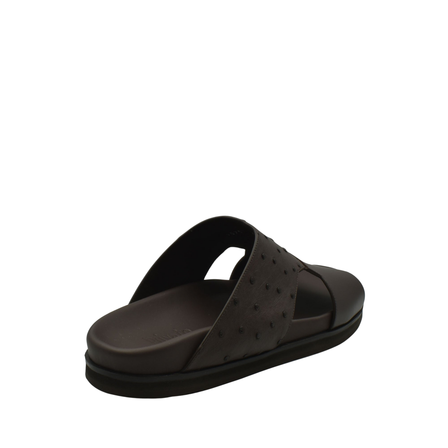 Brown slide sandal featuring ostrich leather footwear with textured strap and cushioned sole
