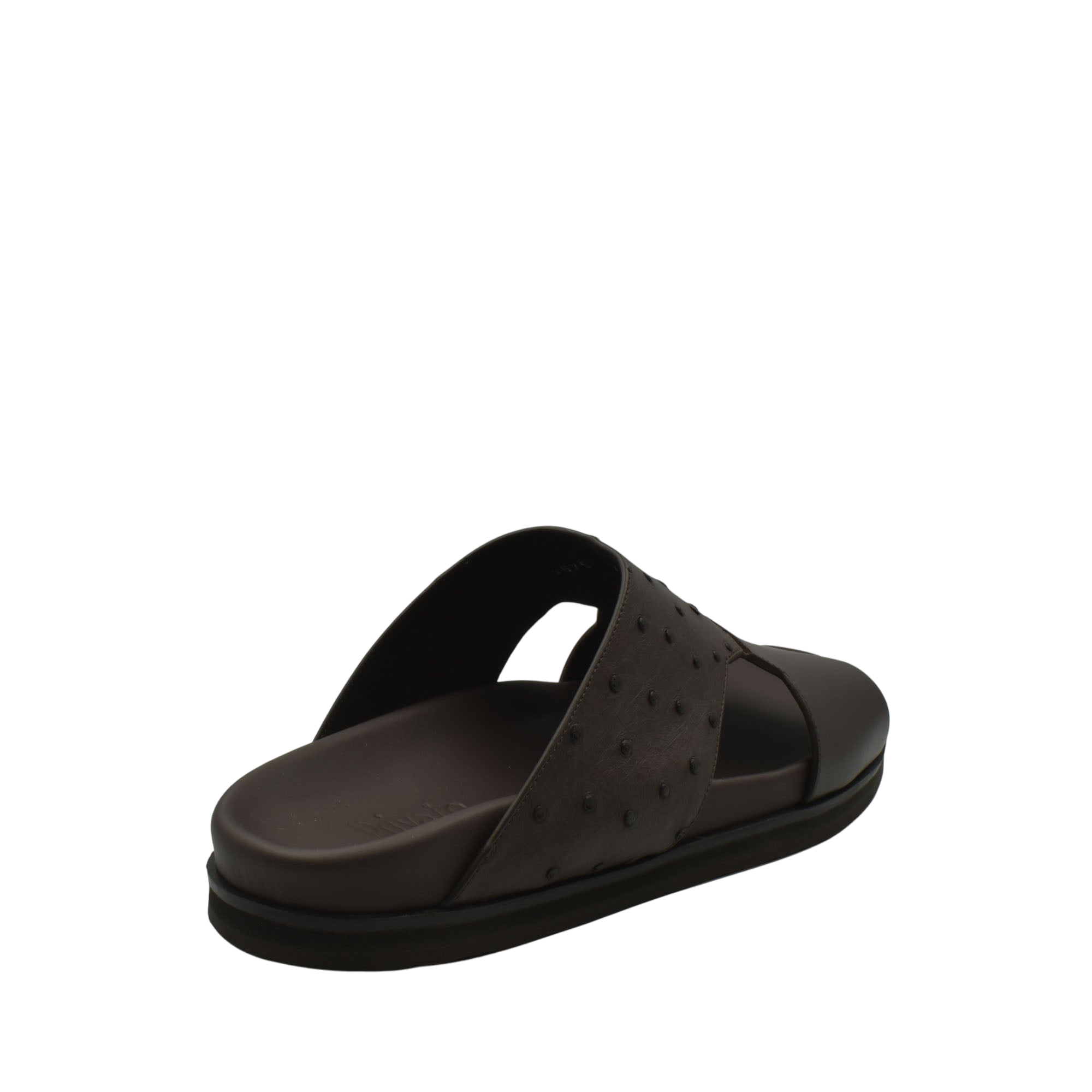 Brown slide sandal featuring ostrich leather footwear with textured strap and cushioned sole