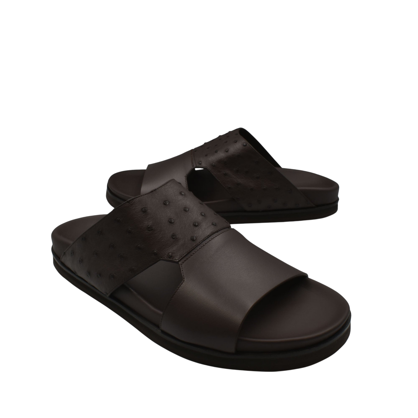 Dark brown ostrich leather footwear open-toe sandals with textured leather design
