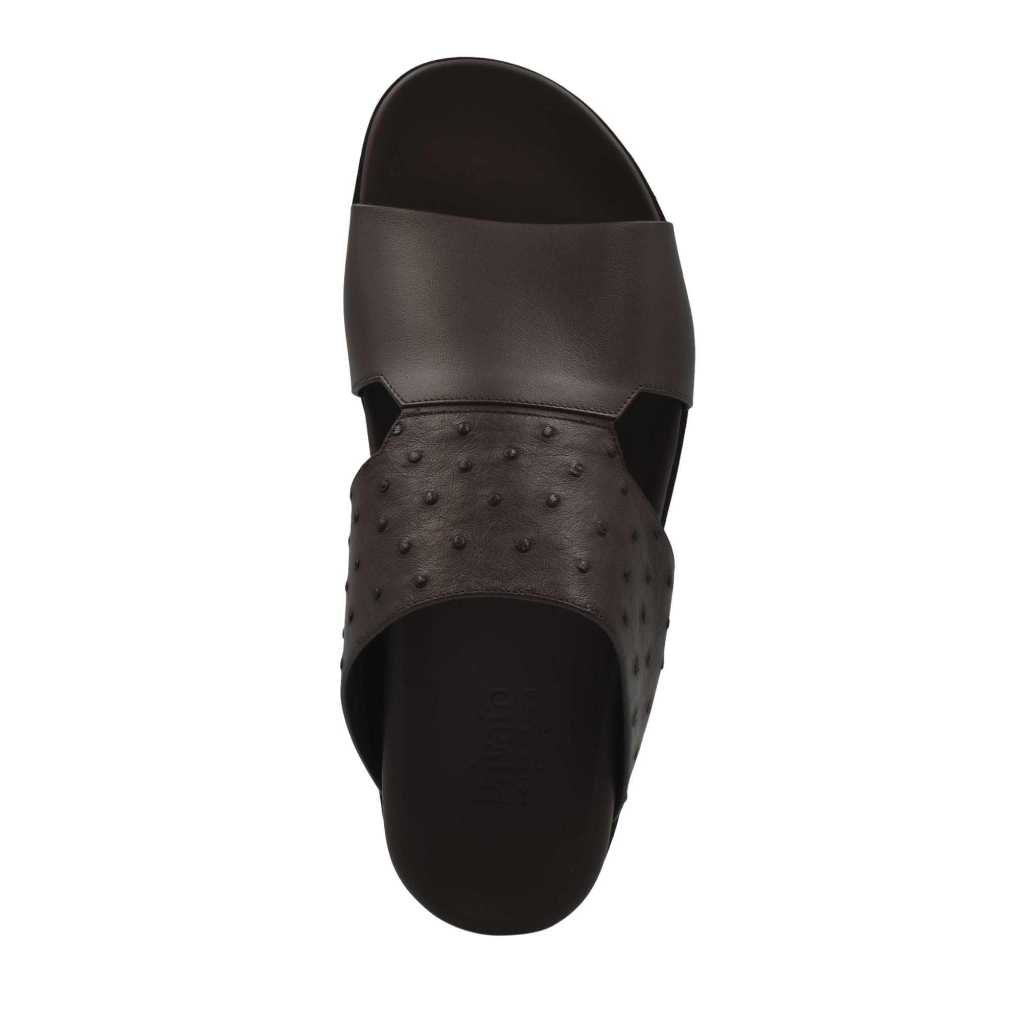 Black slide sandal with smooth and textured design made from ostrich leather footwear