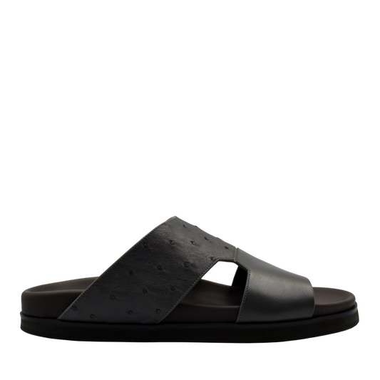 Black slide sandal featuring premium ostrich leather footwear with open toe and comfortable sole