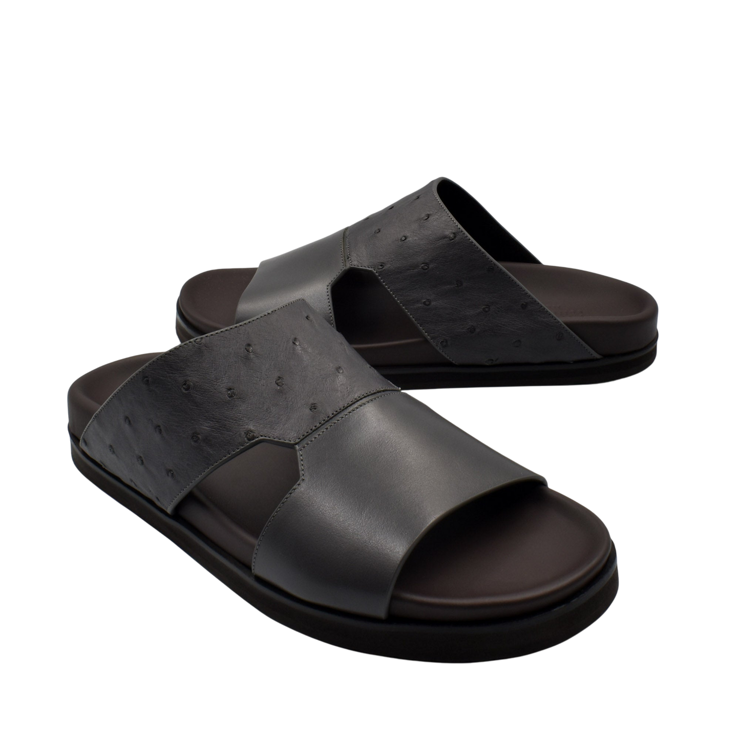 Black slide sandals made from premium ostrich leather footwear with cushioned sole for comfort