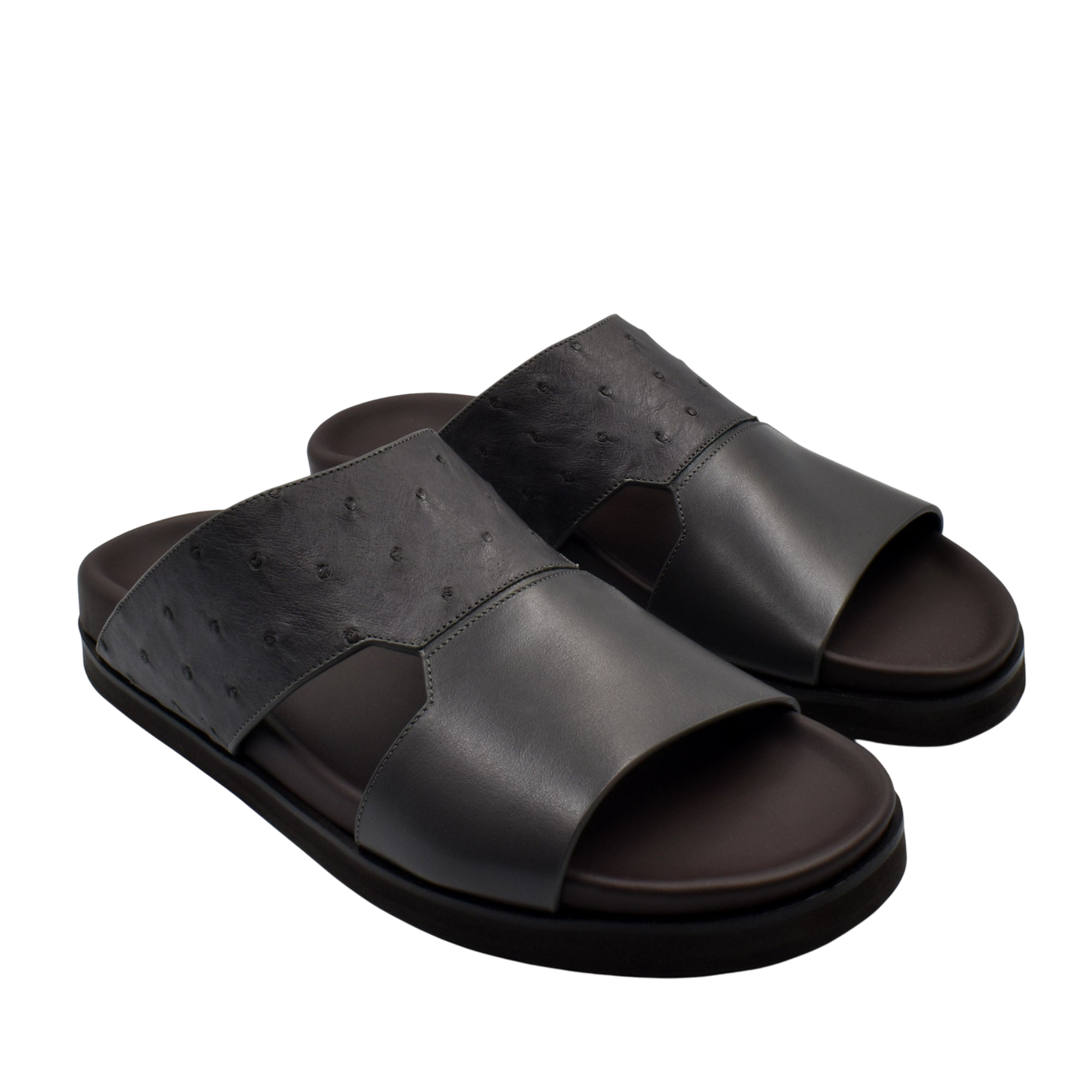 Black open-toe slide sandals made from premium ostrich leather footwear with cushioned sole