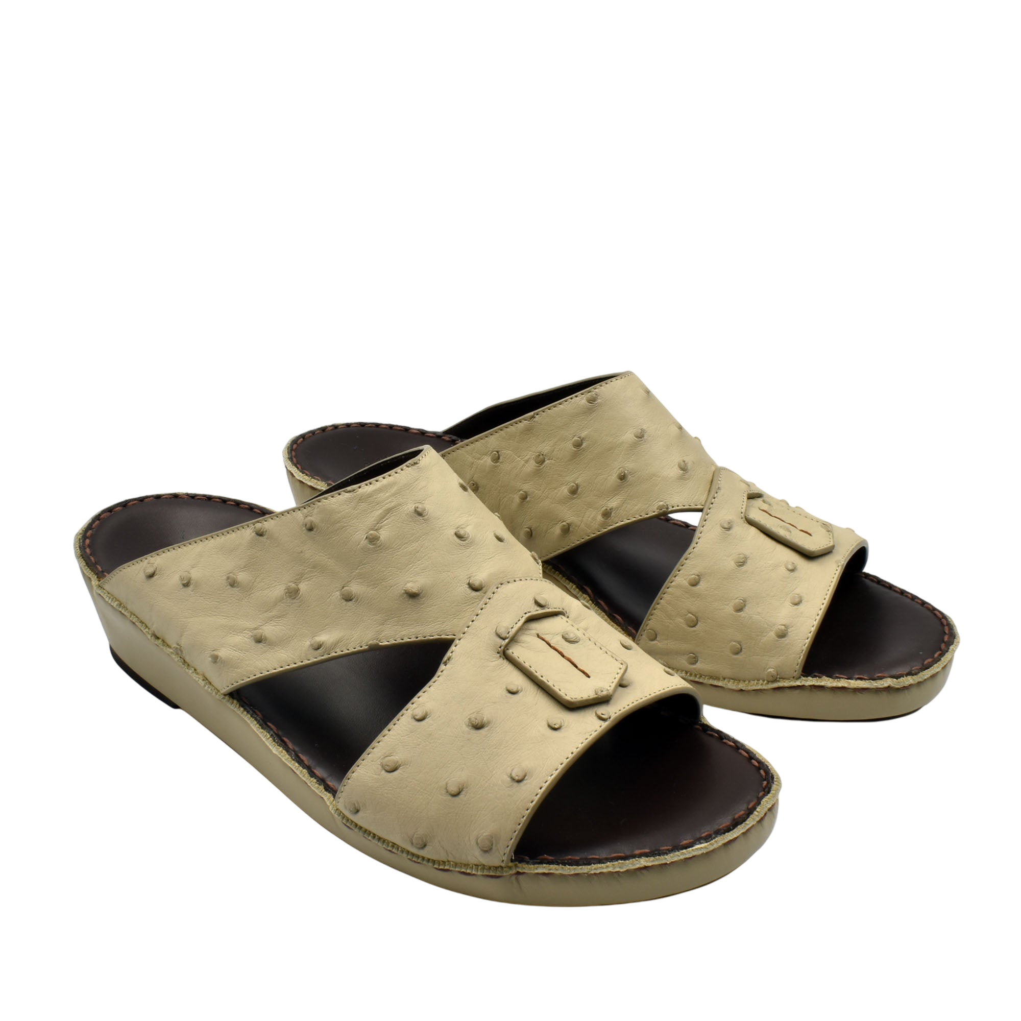 Beige ostrich leather sandals with open toe and slip-on design for comfortable wear