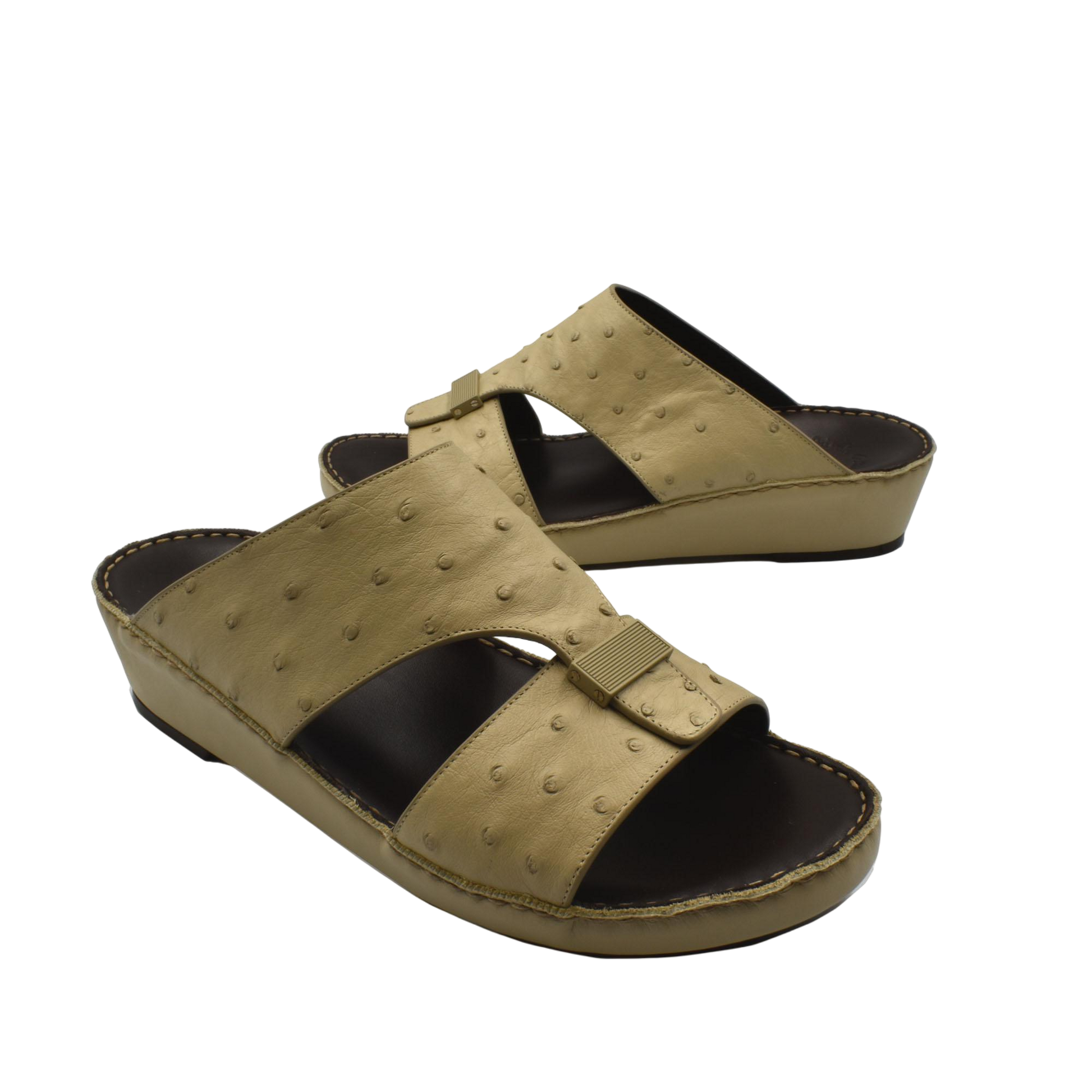 Tan ostrich leather sandals with open toe and wedge sole for comfortable casual wear