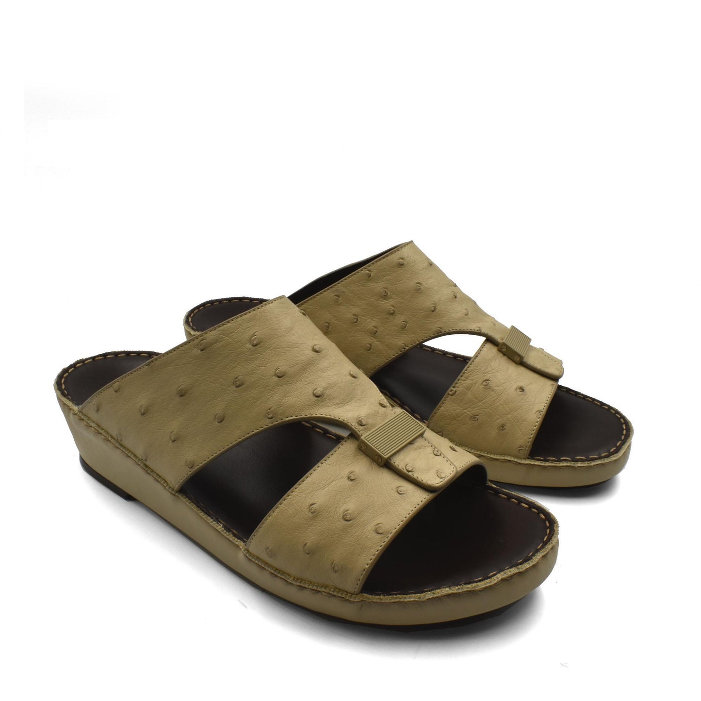 Beige ostrich leather sandals with open toe and cushioned sole from Private Collection