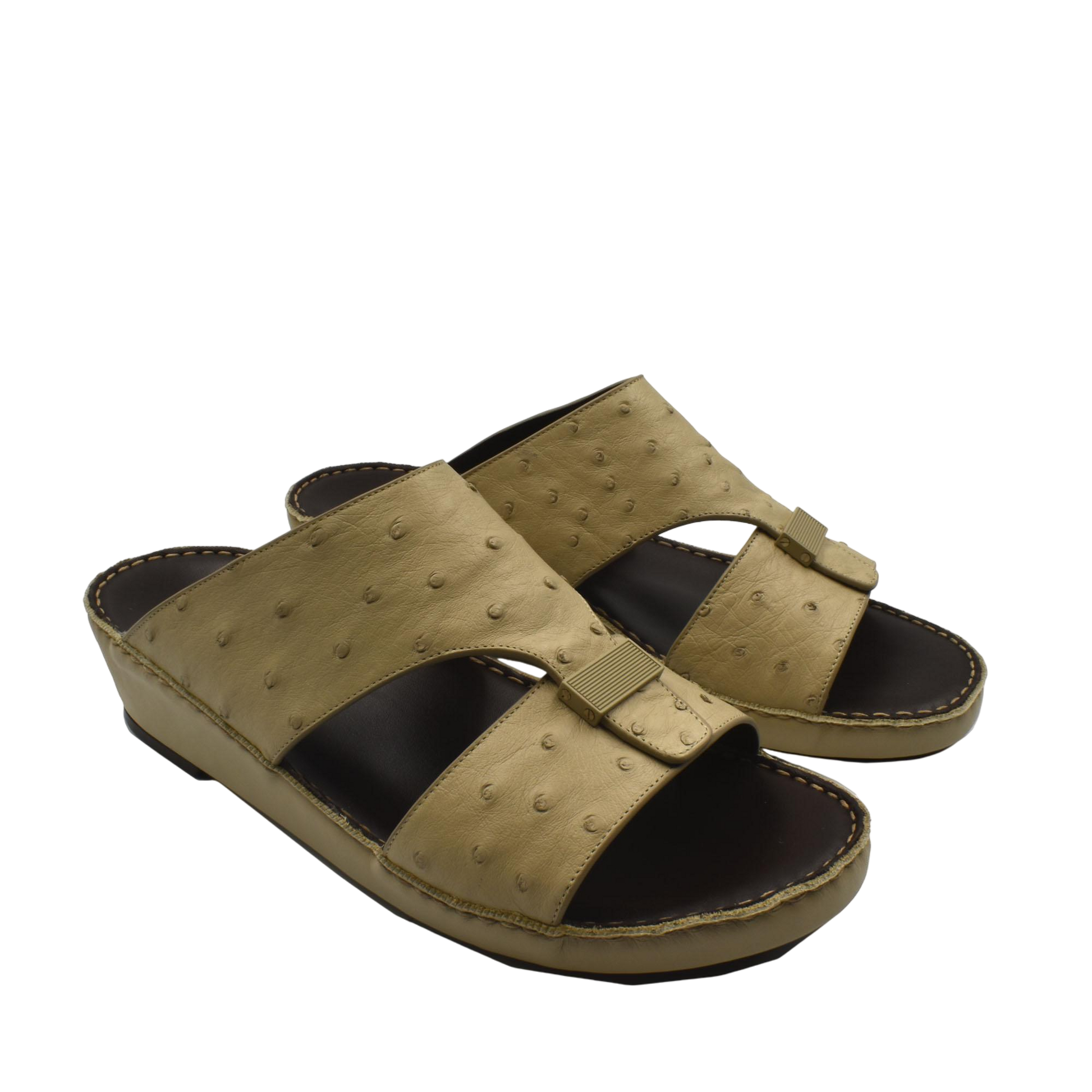 Beige ostrich leather sandals with open toe and cushioned sole from Private Collection