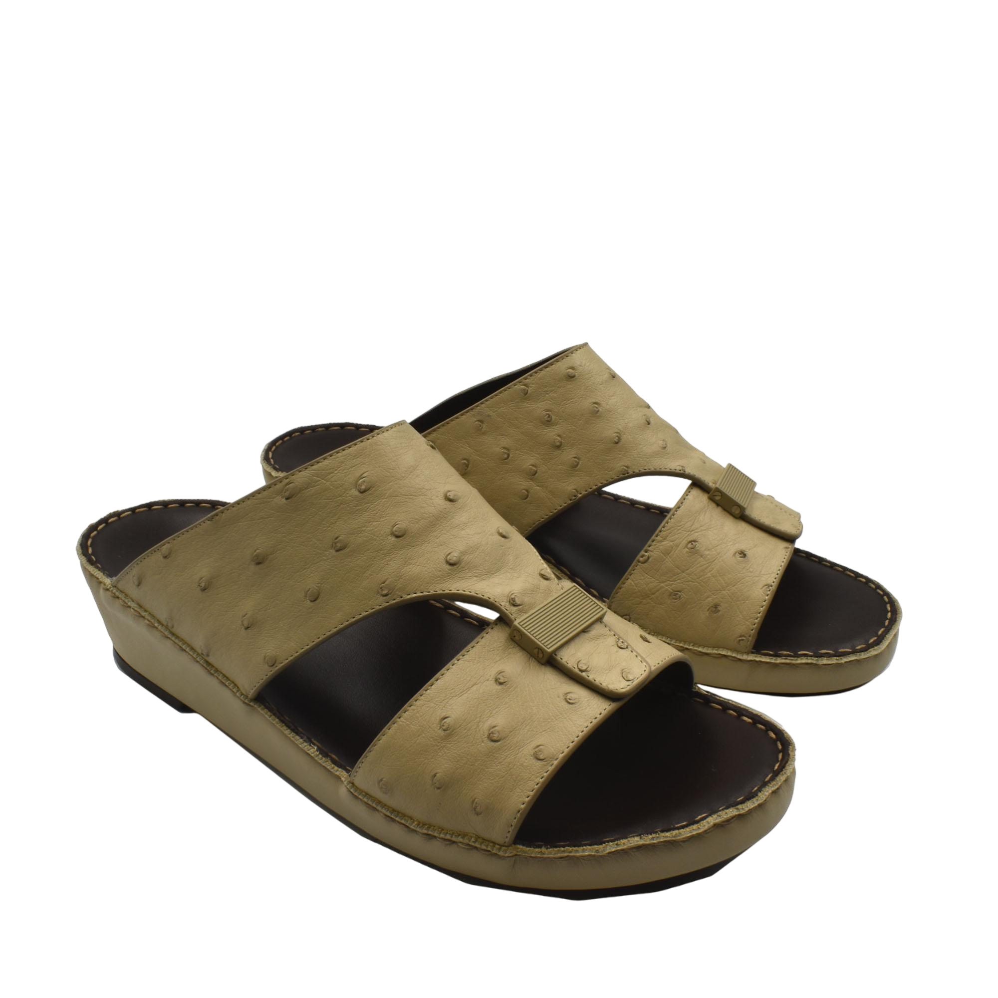 Beige ostrich leather sandals with open toe and cushioned sole from Private Collection