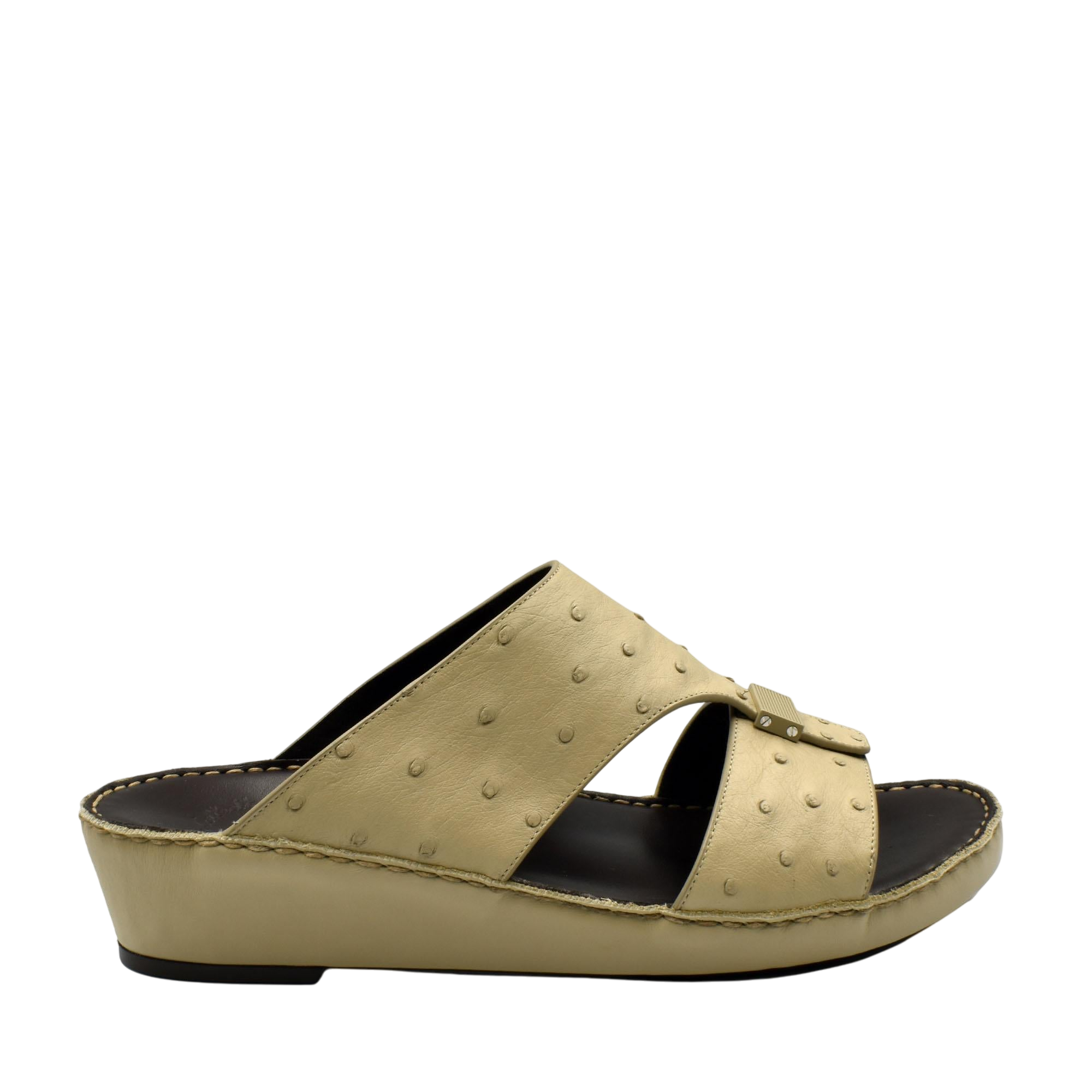 Beige ostrich leather sandals with a slip-on wedge design and textured leather upper