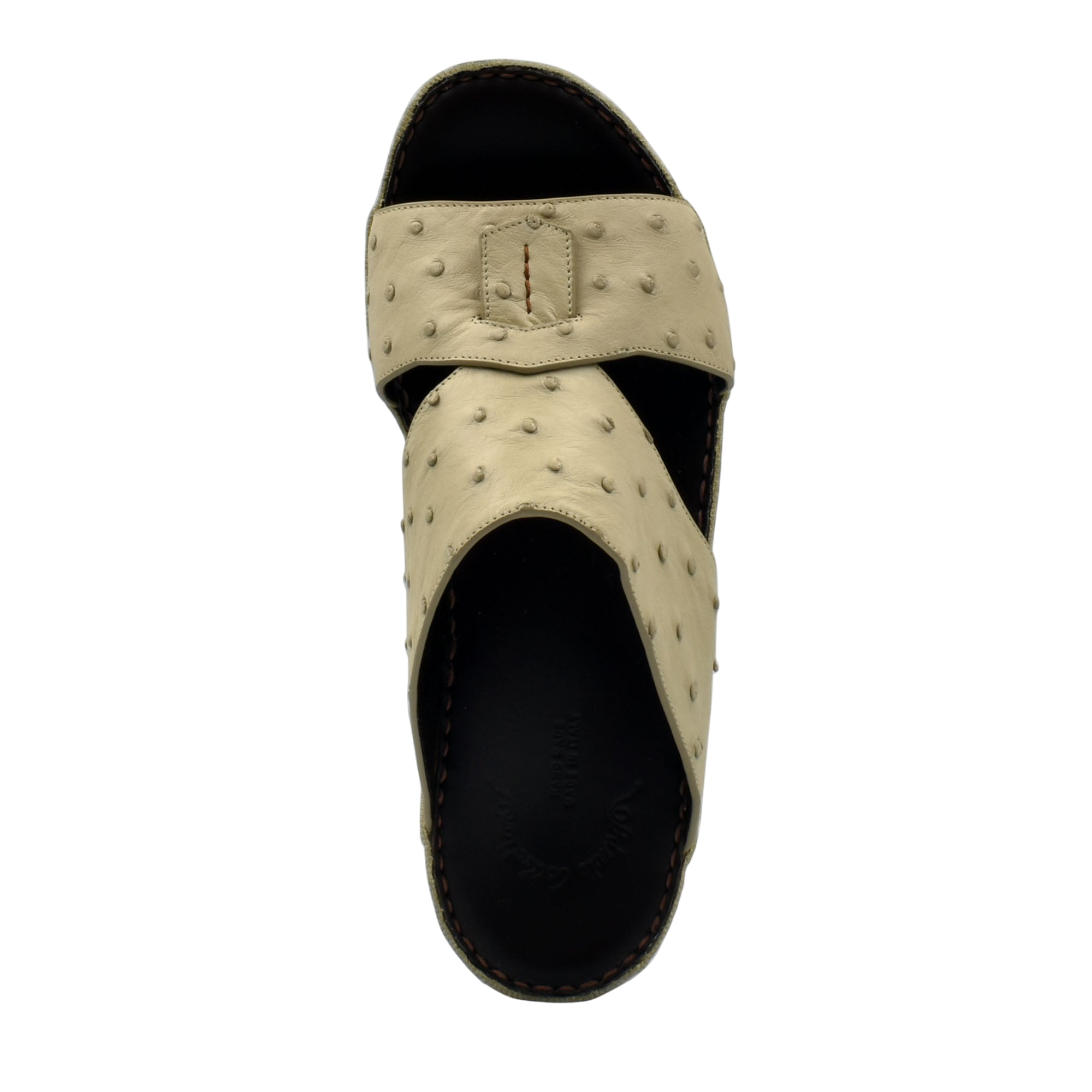 Beige ostrich leather sandals with textured straps and black sole from private collection