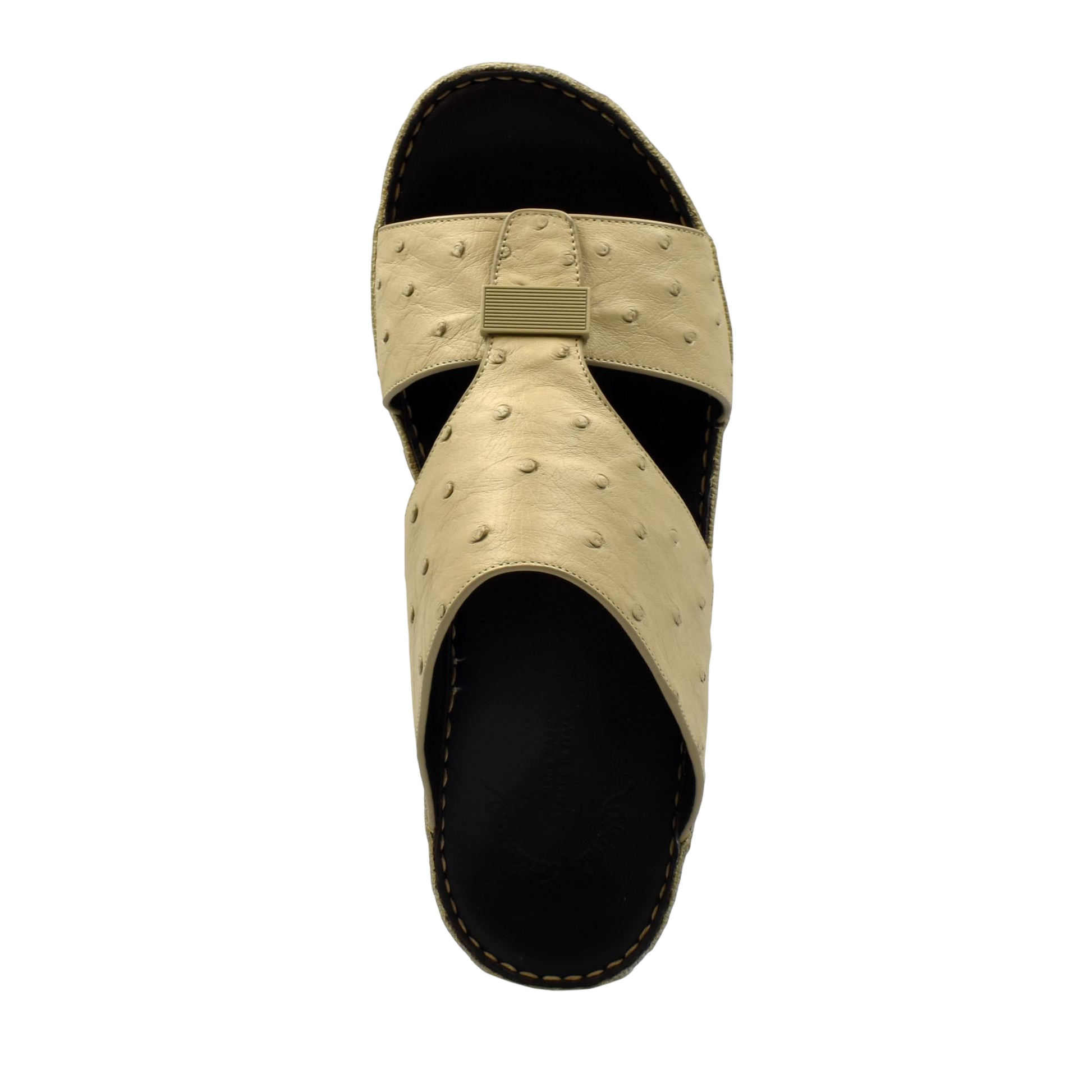 Beige ostrich leather sandals with black sole and textured upper from Private Collection