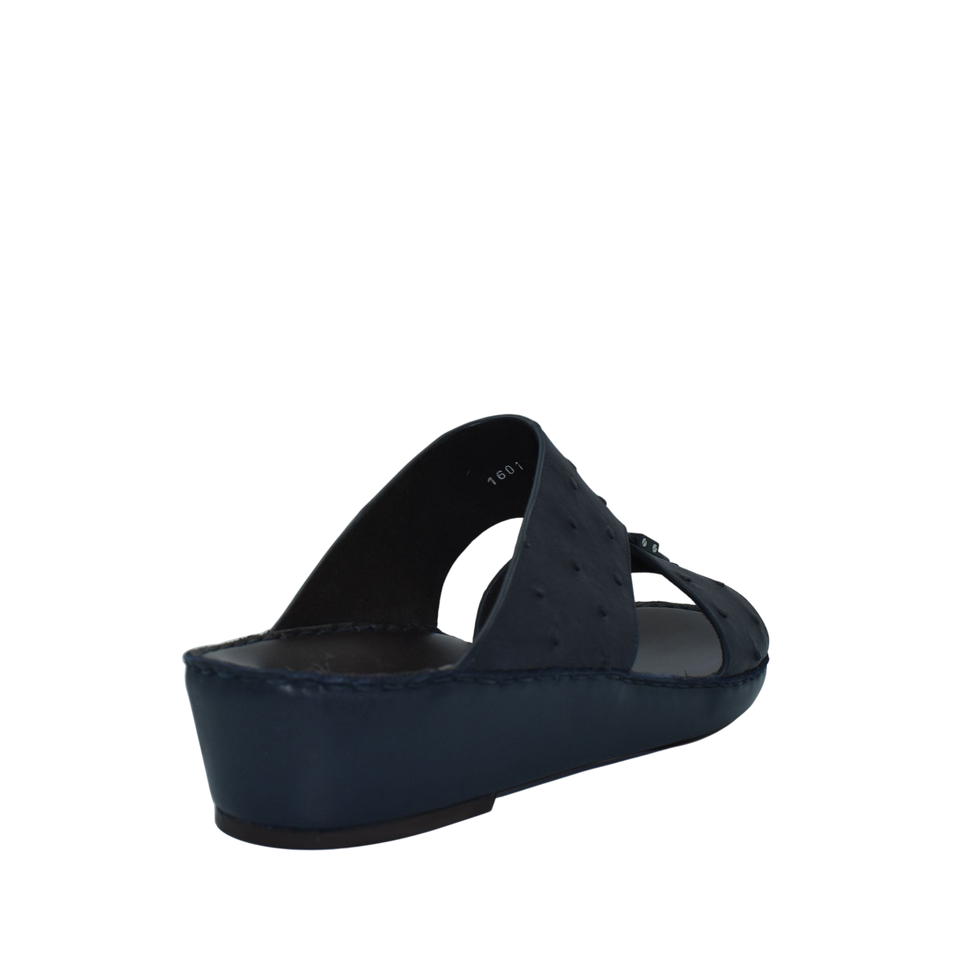 Black ostrich leather sandals with cushioned wedge sole and open toe design from Private collection