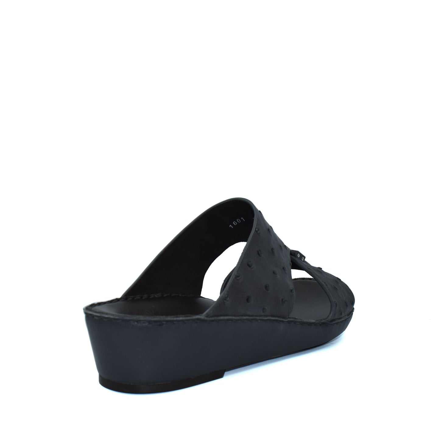Black ostrich leather sandals with a low wedge heel from Private collection
