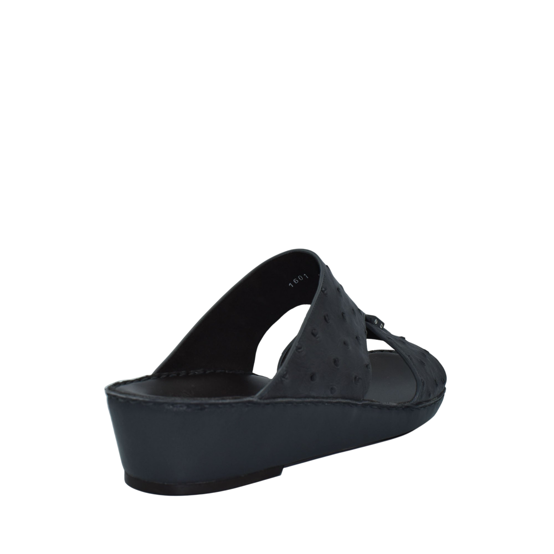 Black ostrich leather sandals with a low wedge heel from Private collection