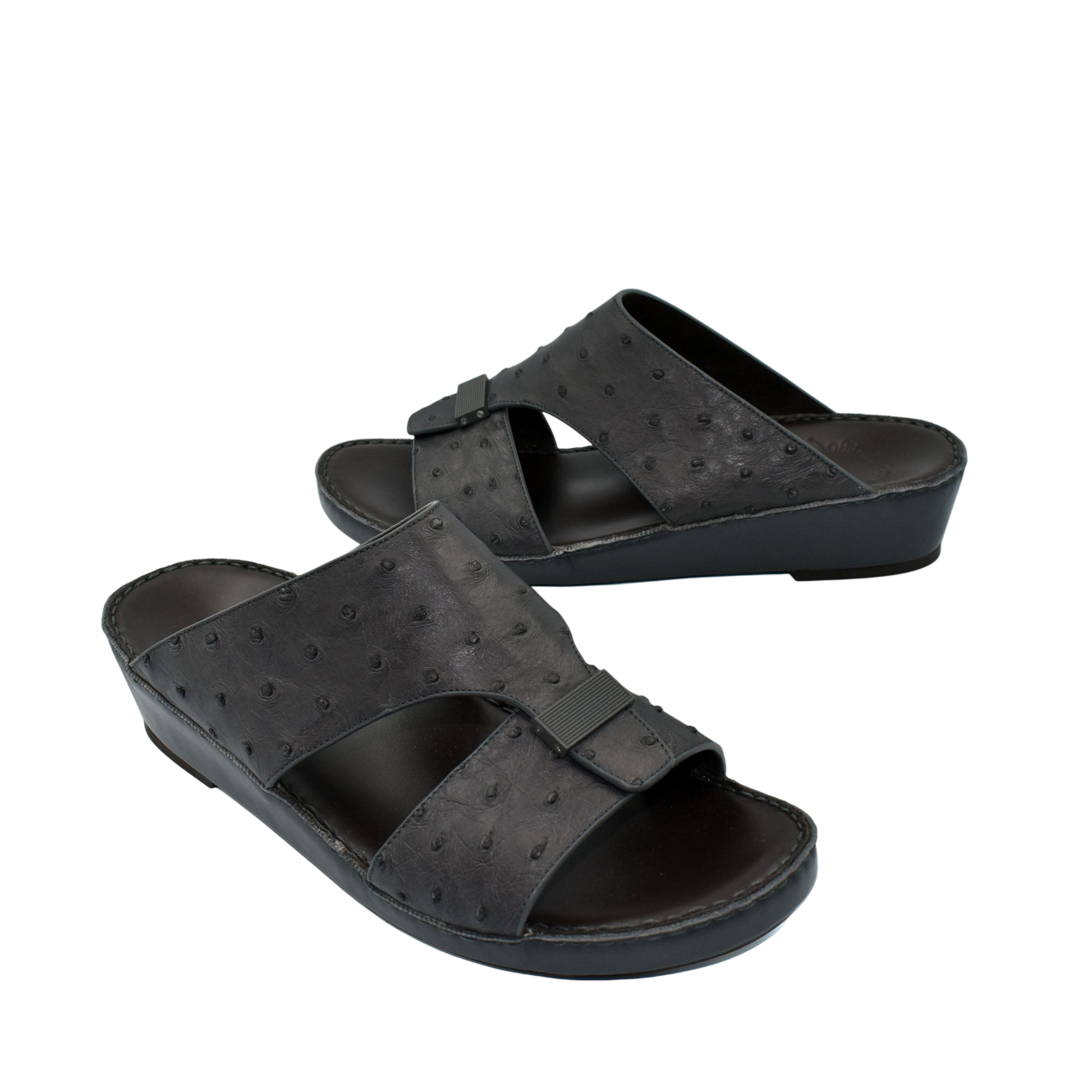 Black ostrich leather sandals with open toe and adjustable strap from Private Collection