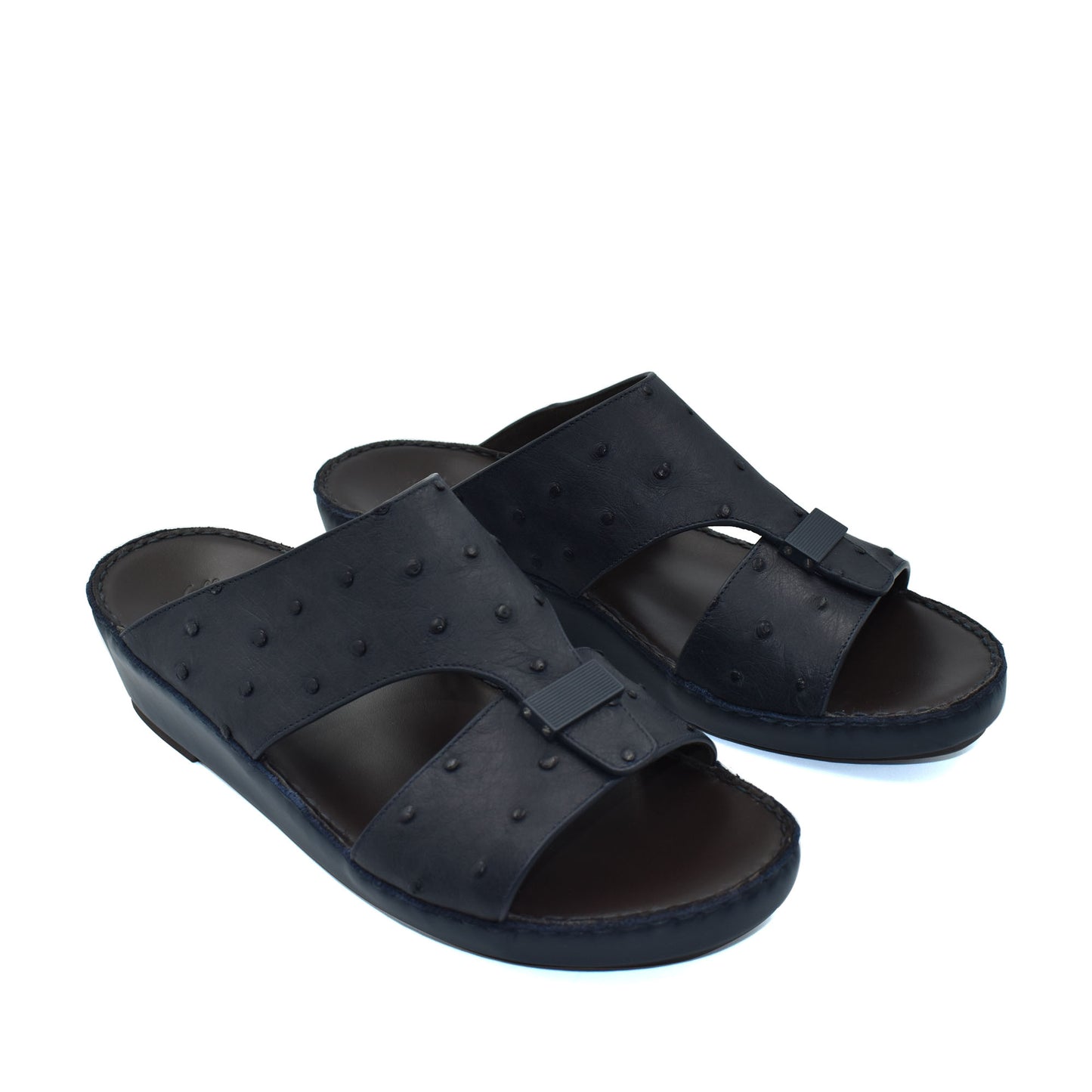 Black ostrich leather sandals with open toe and adjustable strap for comfortable wear