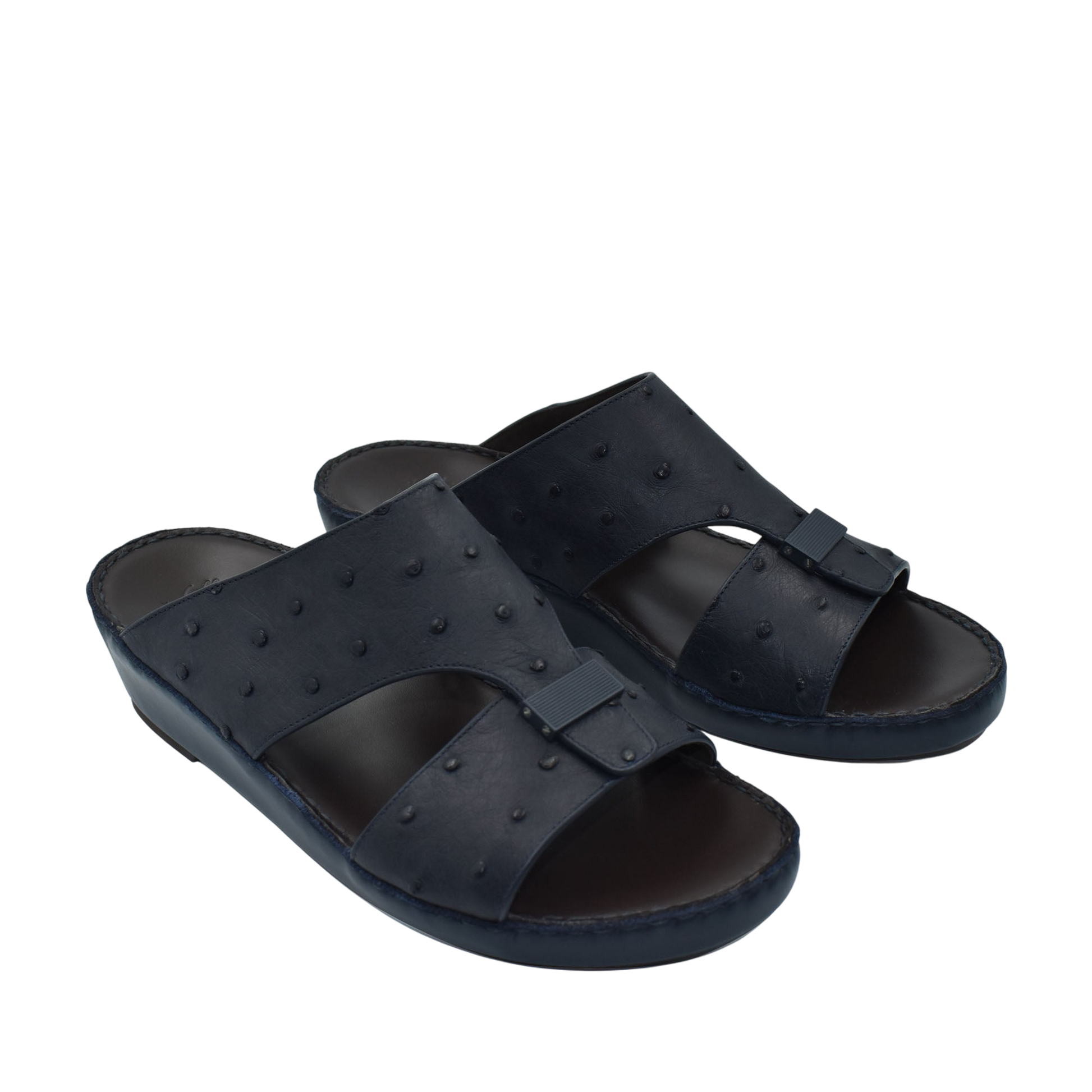 Black ostrich leather sandals with open toe and adjustable strap for comfortable wear