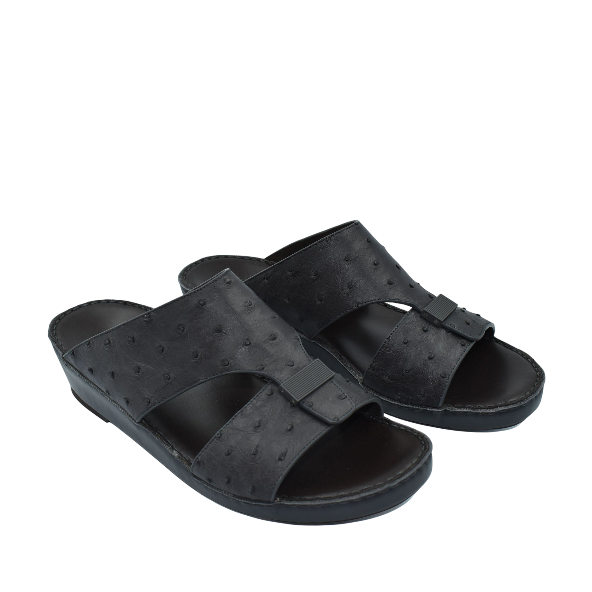 Black ostrich leather sandals with open toe and slip-on design for casual comfort