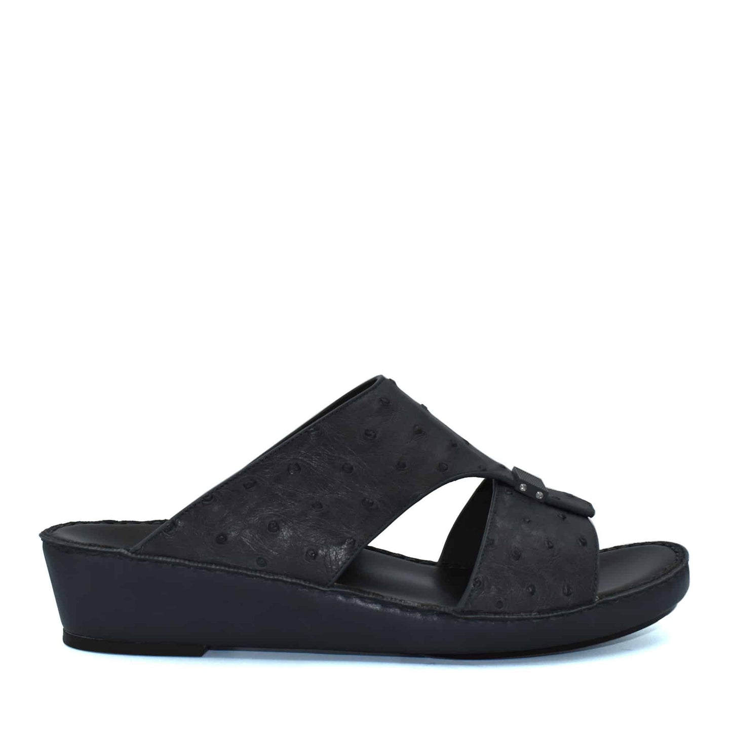 Black ostrich leather sandals with open toe and wedge heel from Private collection