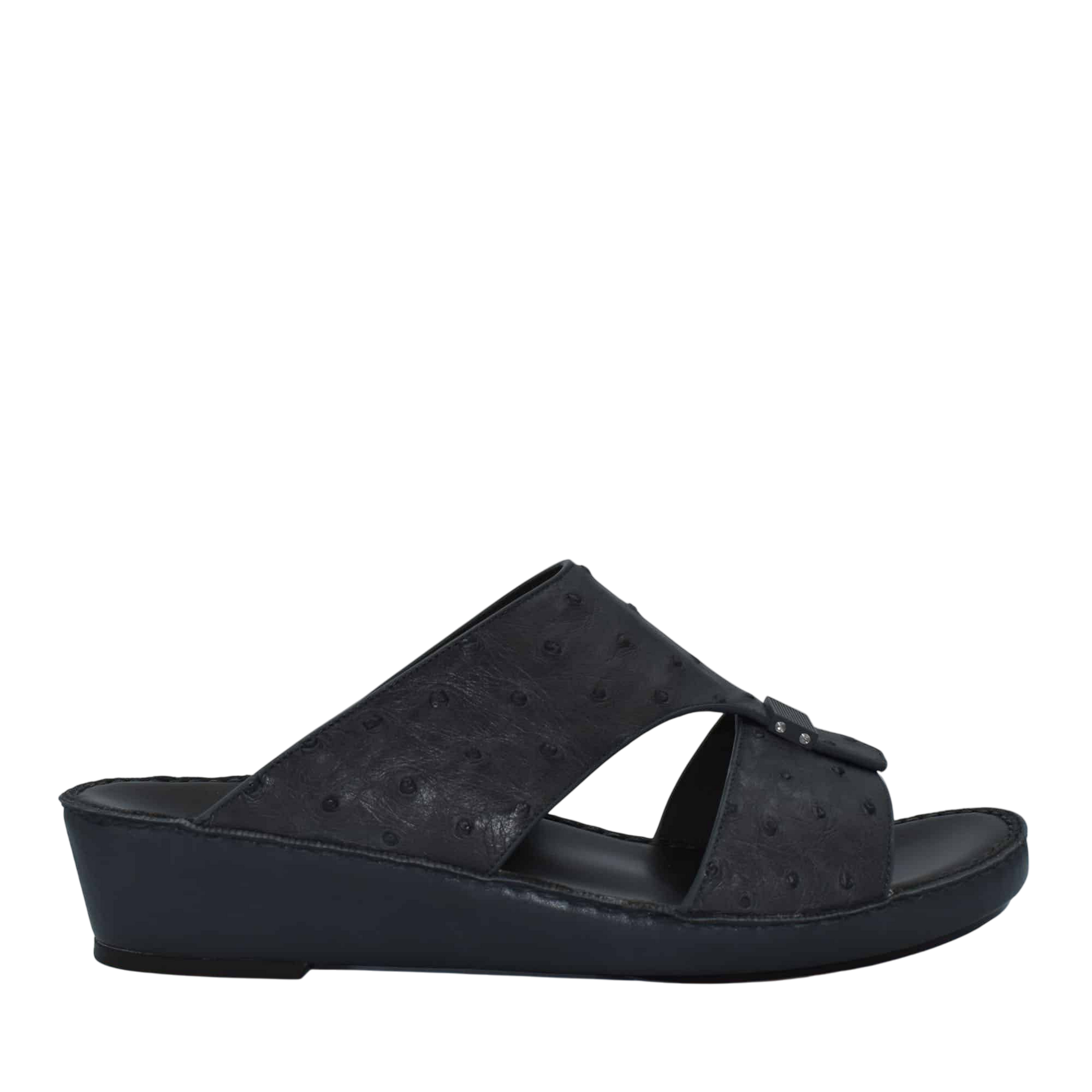 Black ostrich leather sandals with open toe and wedge heel from Private collection