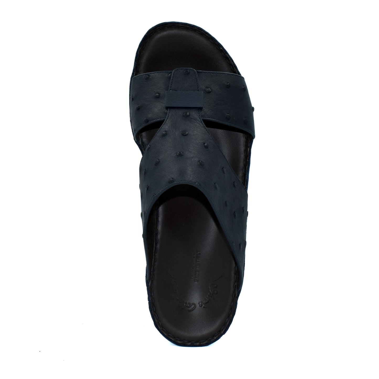 Black ostrich leather sandals with textured straps and cushioned footbed from Private Collection