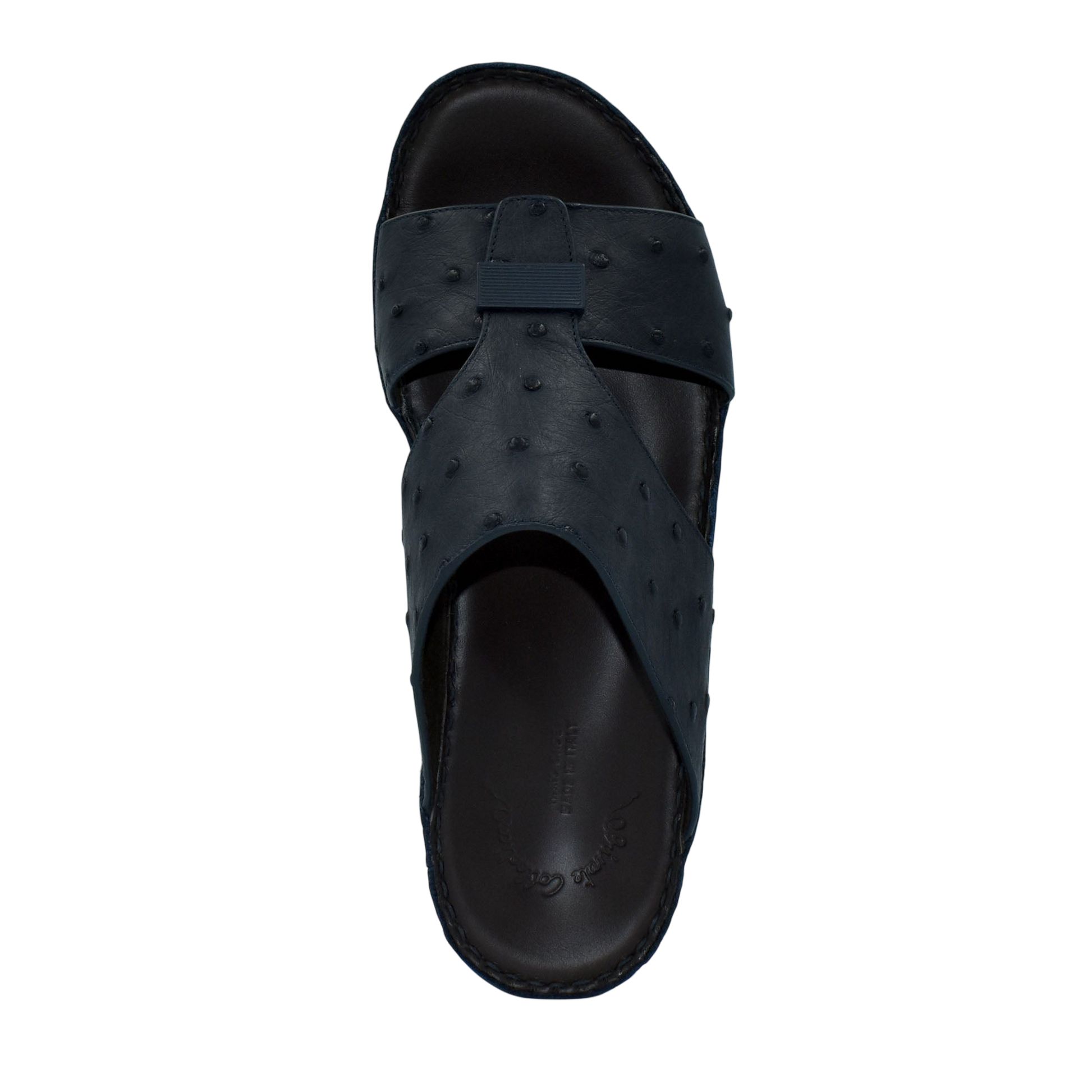 Black ostrich leather sandals with textured straps and cushioned footbed from Private Collection