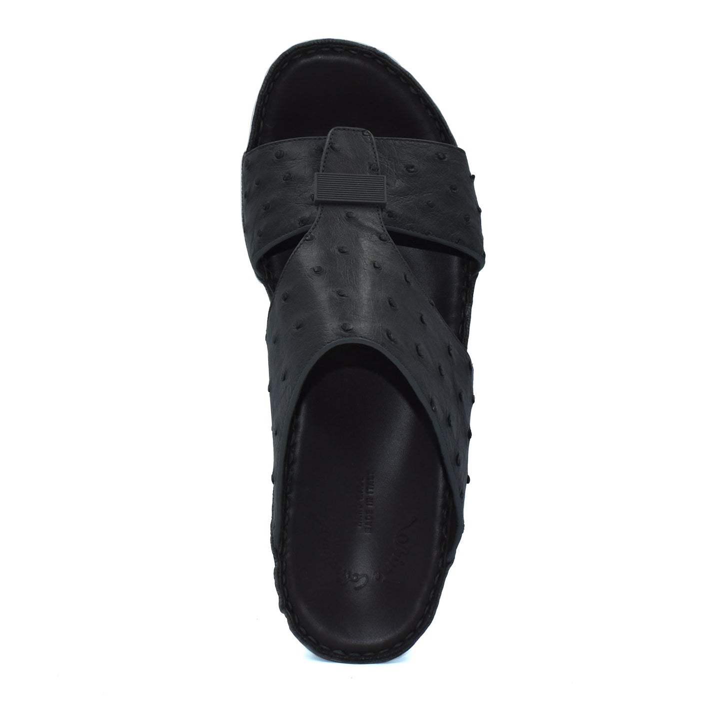Black ostrich leather sandals with cross strap design from private collection