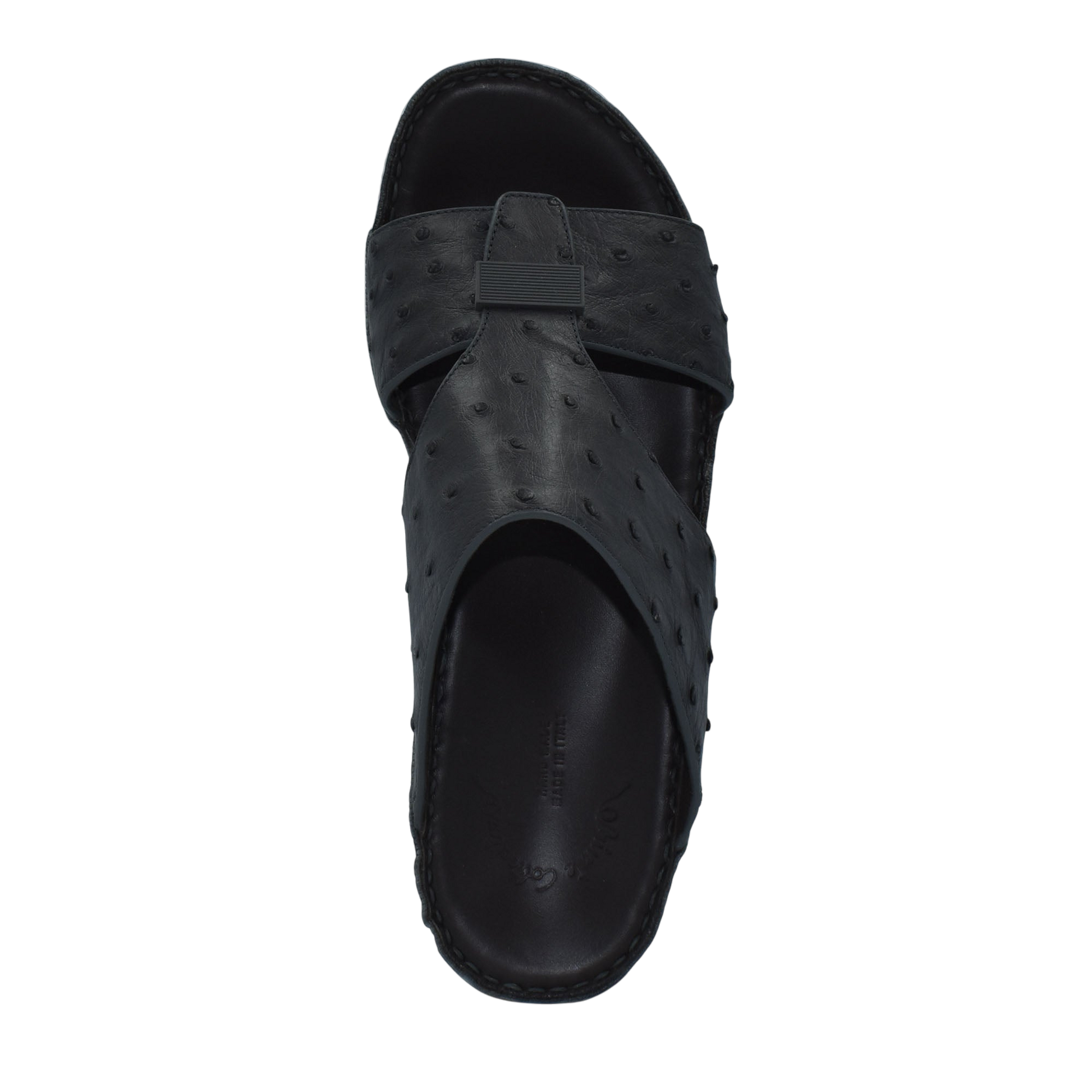 Black ostrich leather sandals with cross strap design from private collection