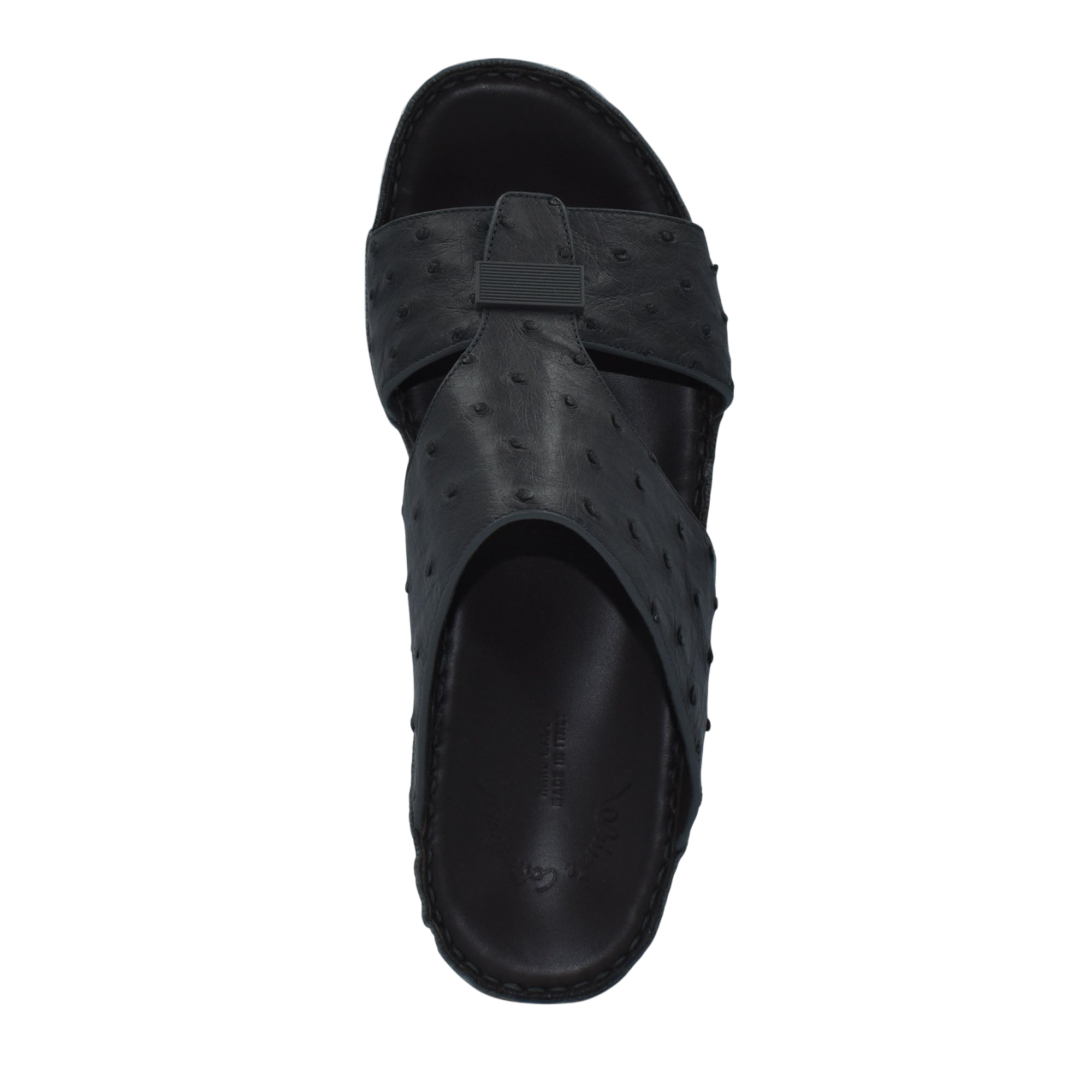 Black ostrich leather sandals with cross strap design from private collection