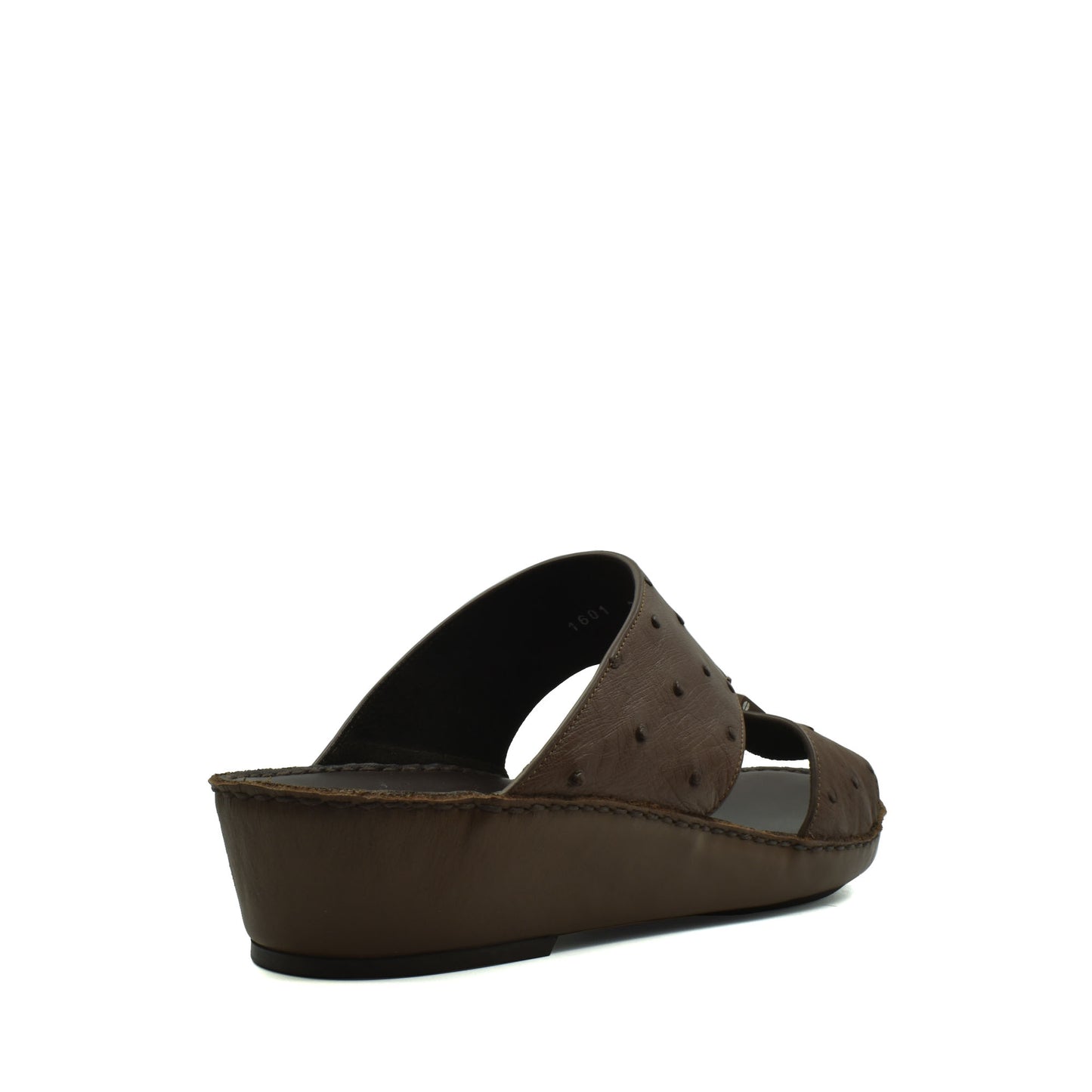 Brown ostrich leather sandals with wedge heel and textured upper from private collection