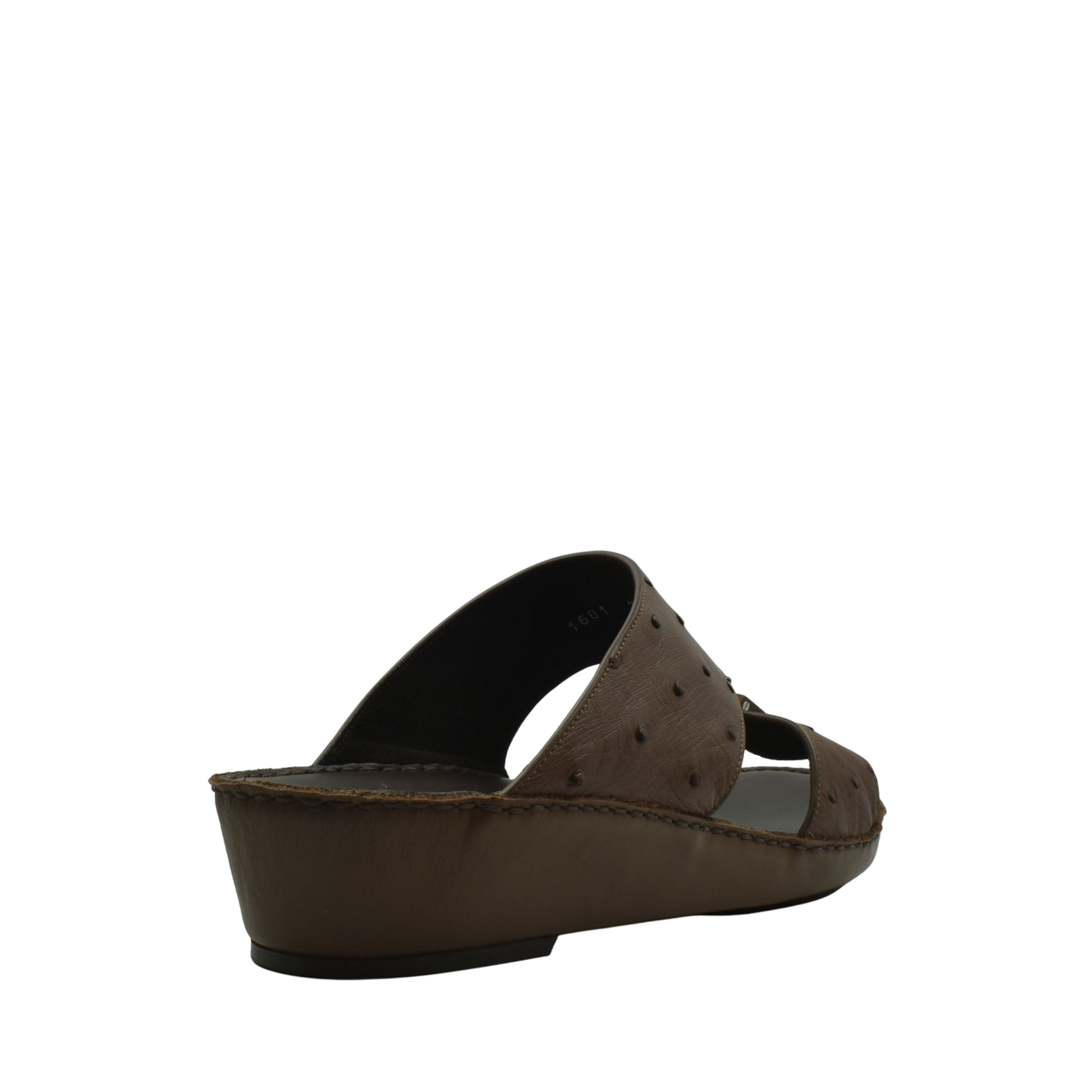 Brown ostrich leather sandals with wedge heel and textured upper from private collection