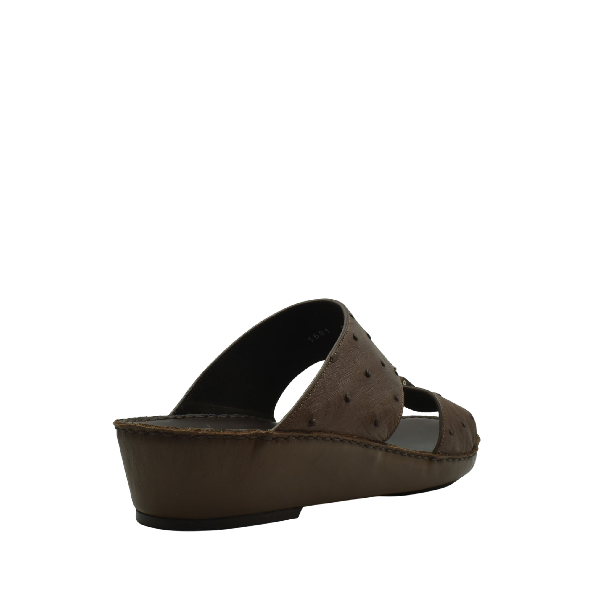 Brown ostrich leather sandals with wedge heel and textured upper from private collection