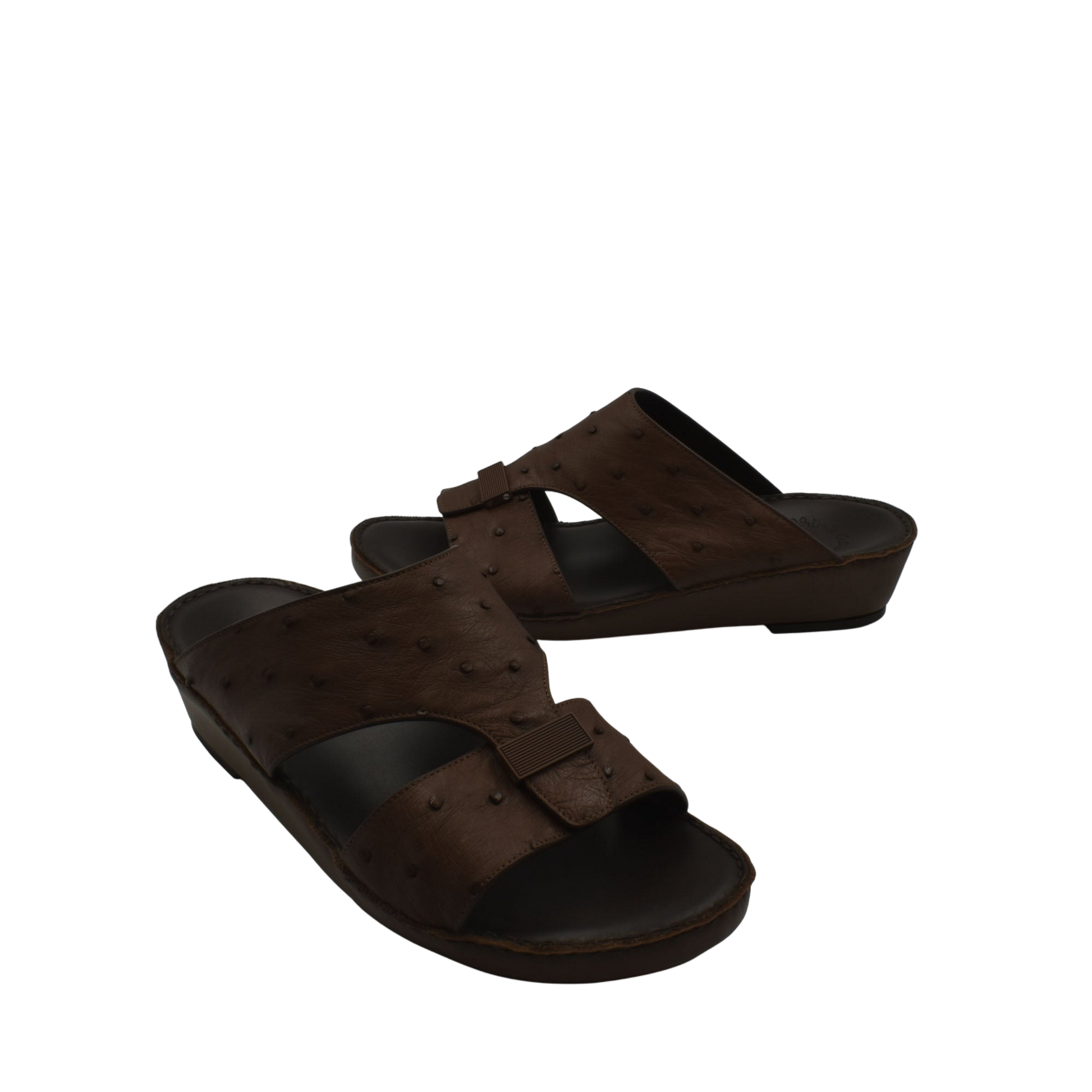 Brown ostrich leather sandals with adjustable straps and comfortable footbed from Private Collection