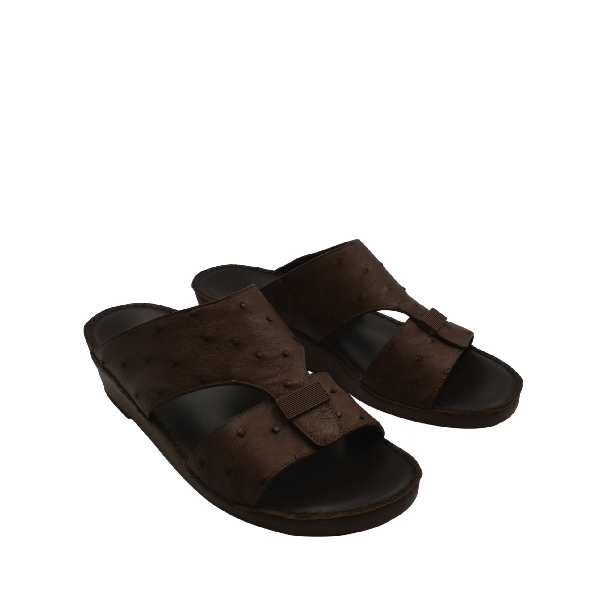 Brown ostrich leather sandals with open toe and adjustable strap for comfortable casual wear