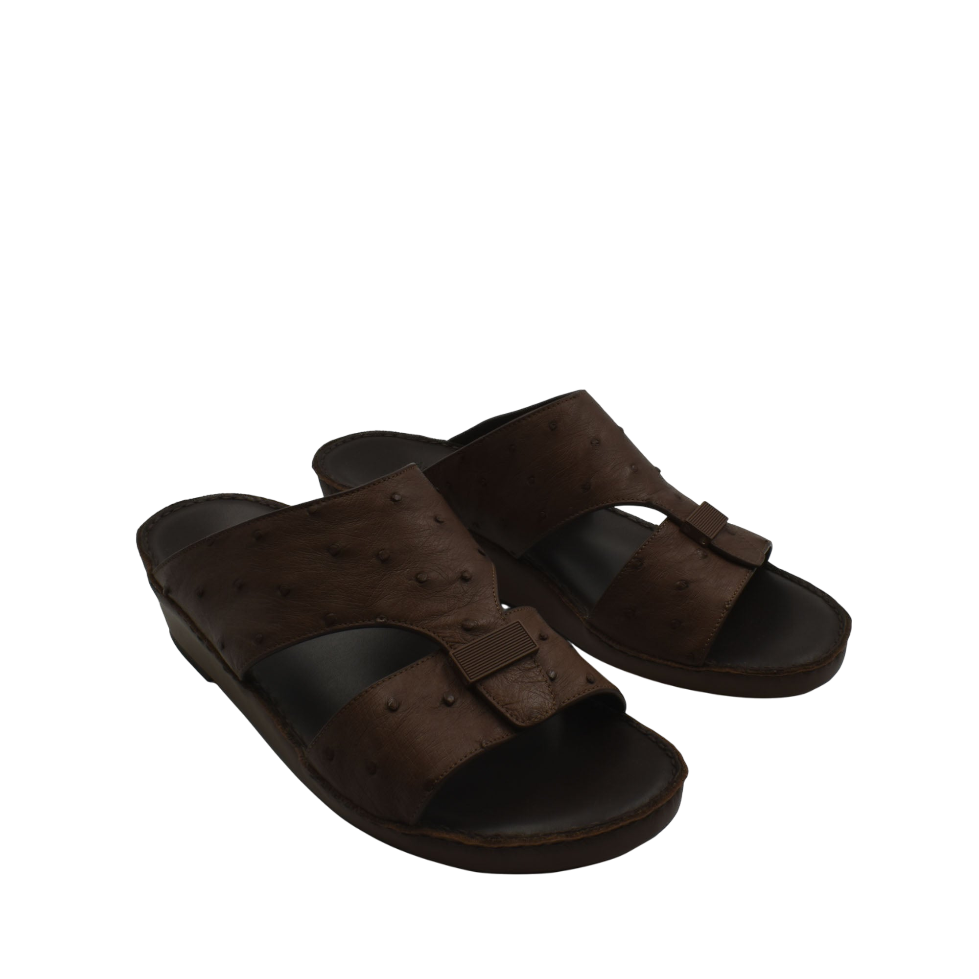 Brown ostrich leather sandals with open toe and adjustable strap for comfortable casual wear