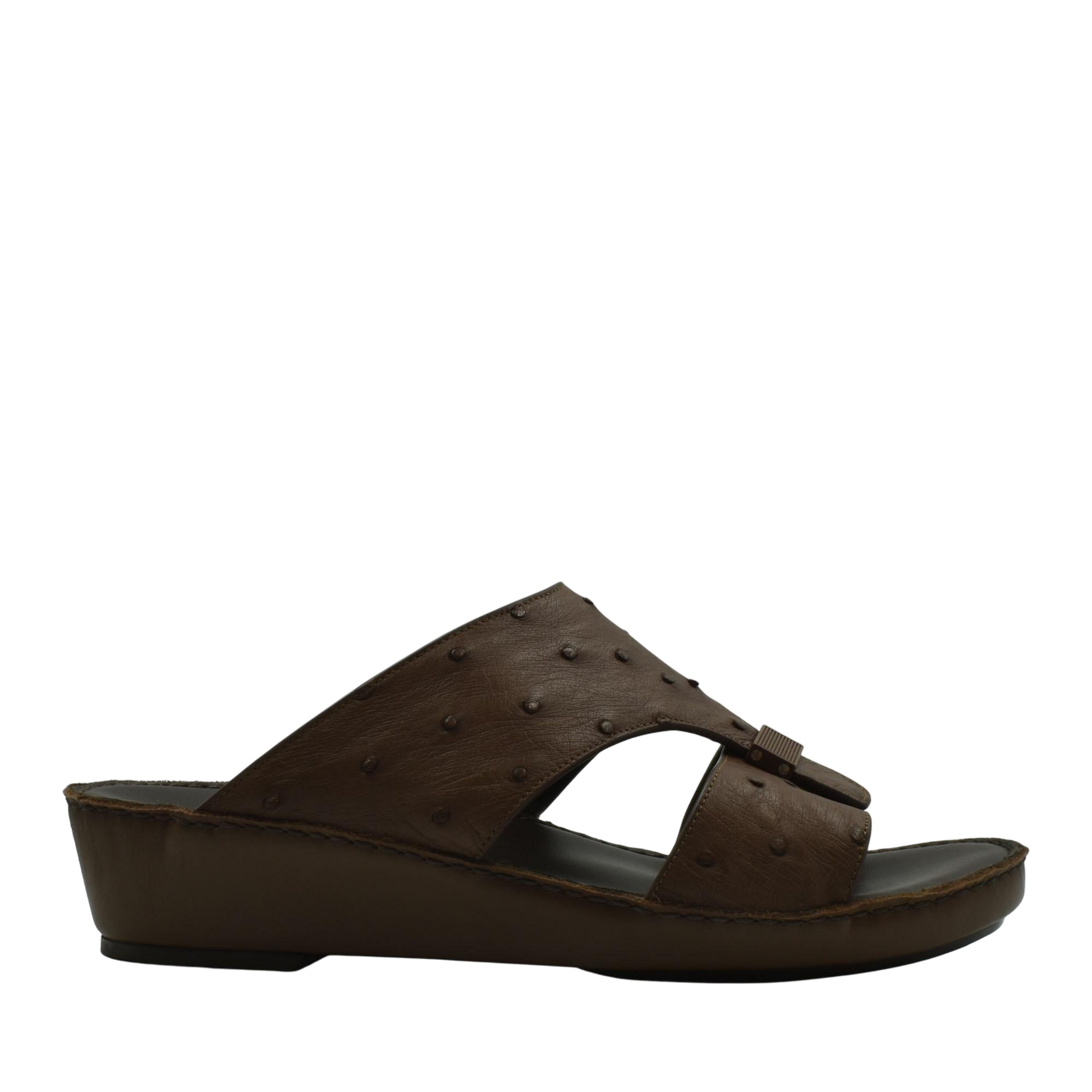 Brown ostrich leather sandals with wedge sole and open toe design from Private Collection