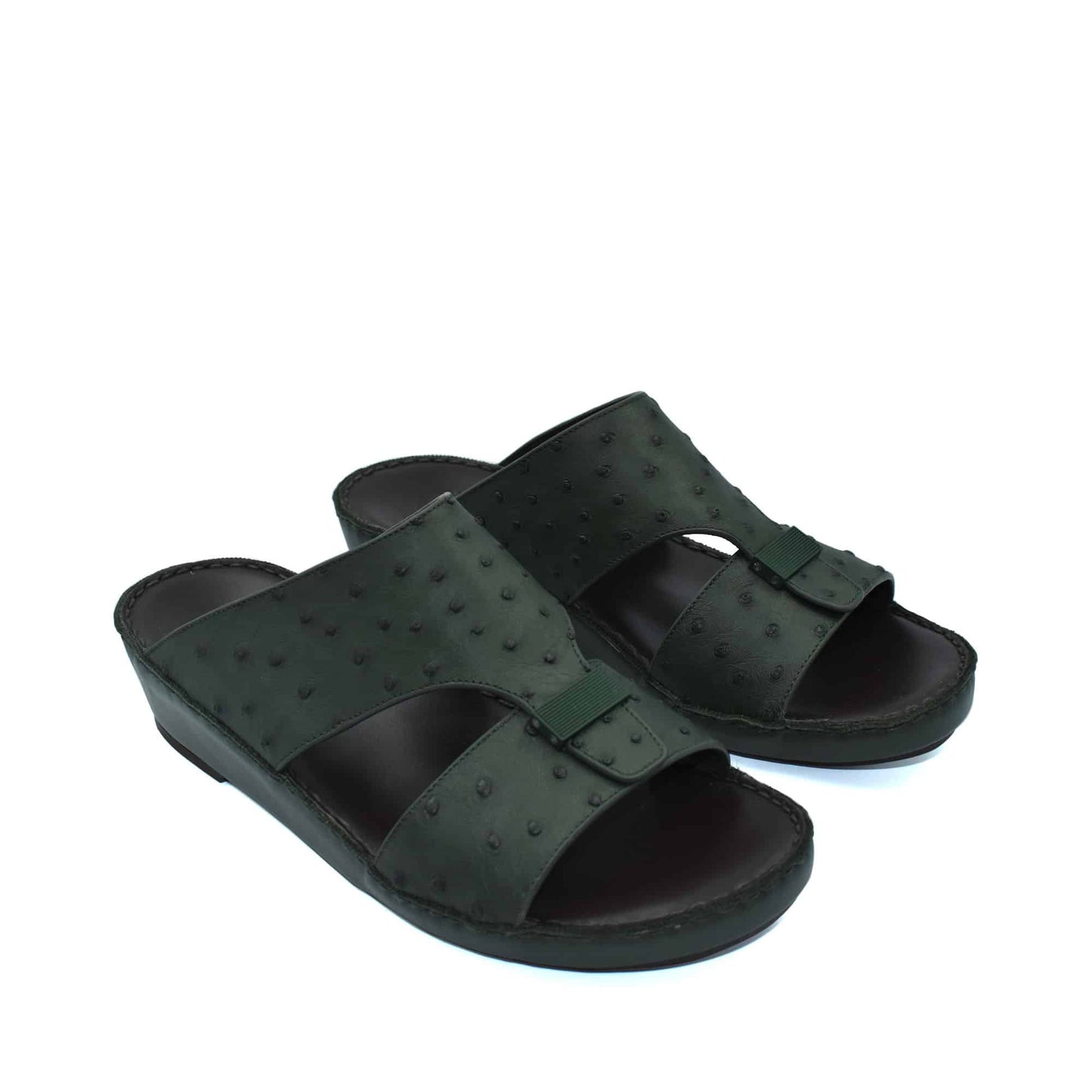 Black ostrich leather sandals with open toe and adjustable strap for comfortable fit