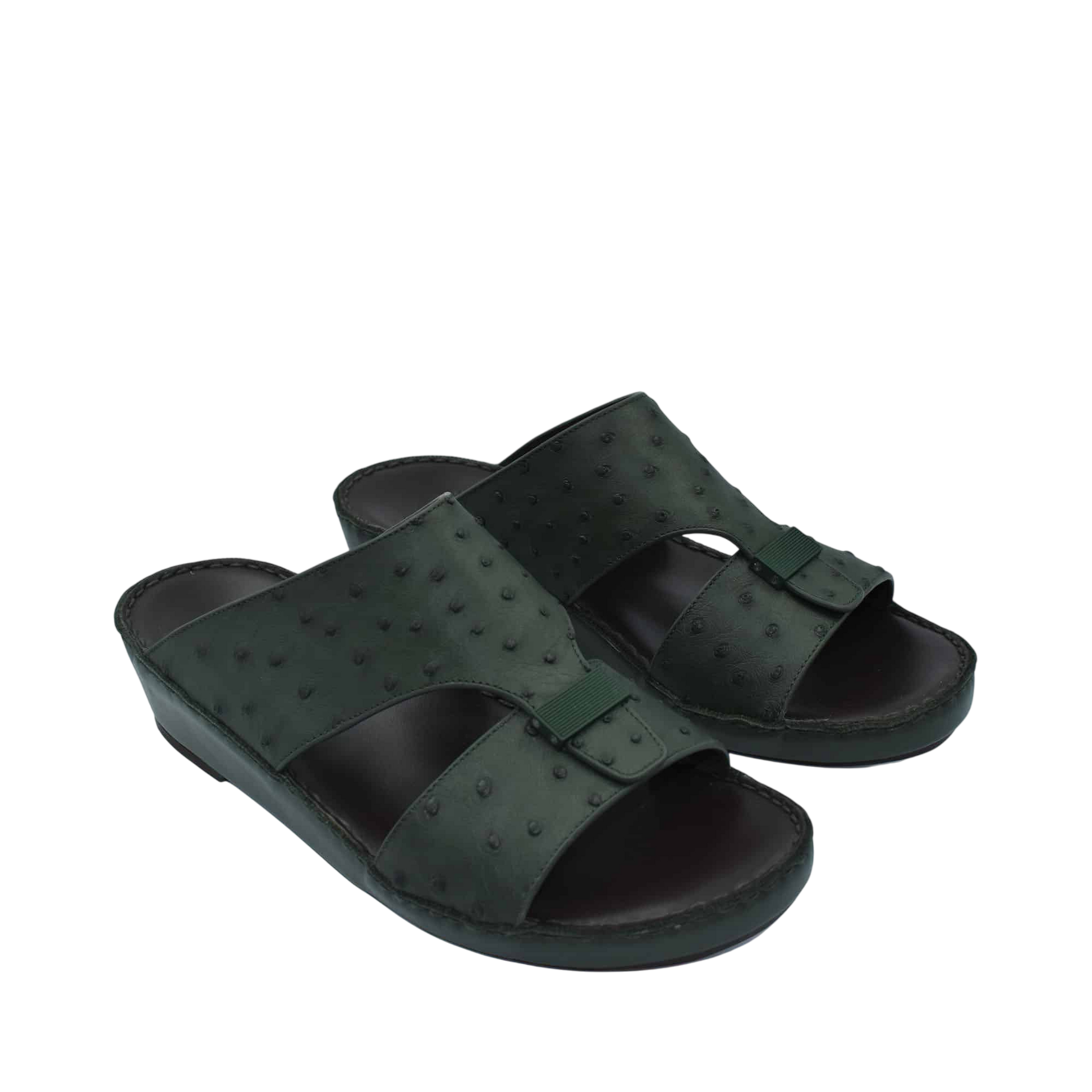 Black ostrich leather sandals with open toe and adjustable strap for comfortable fit