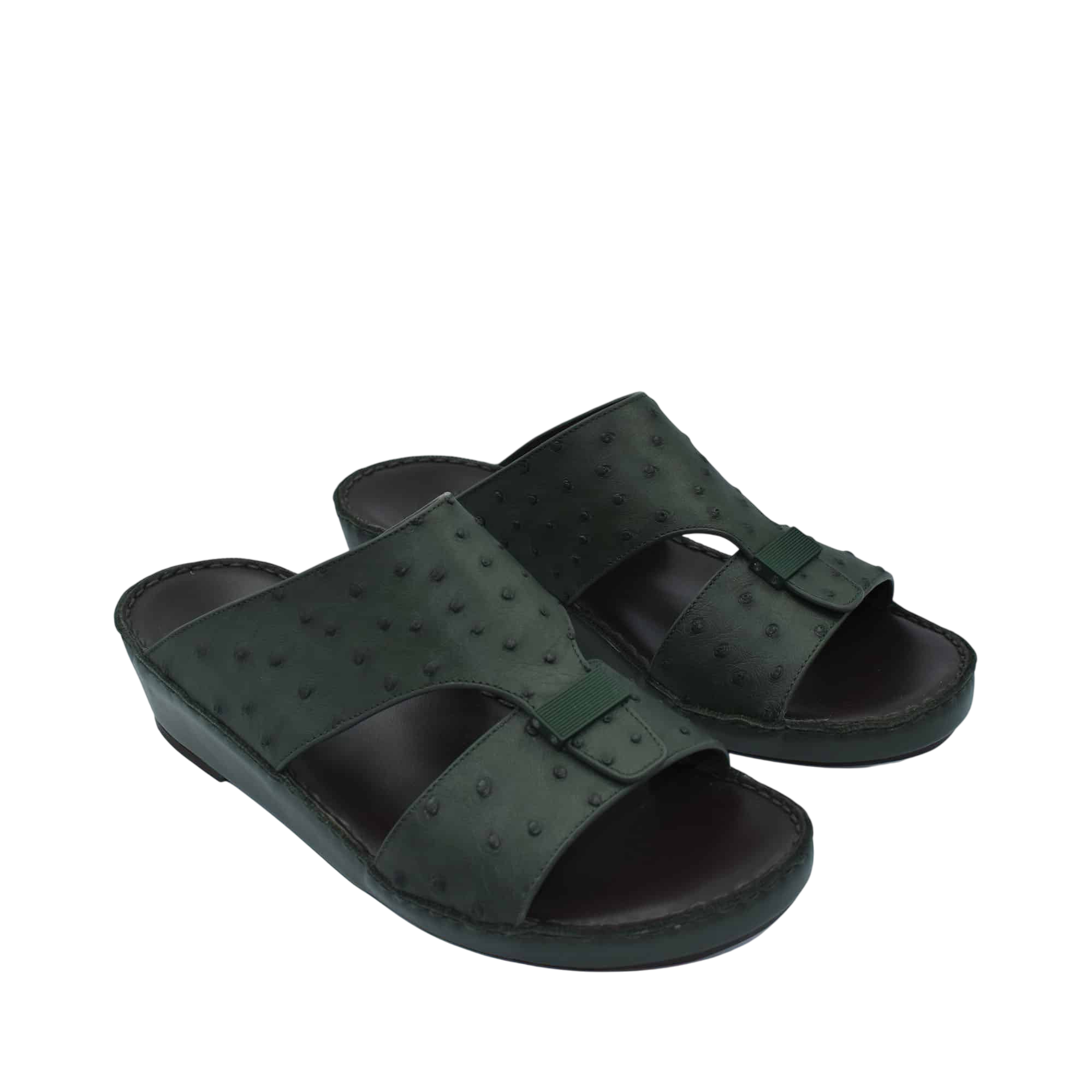 Black ostrich leather sandals with open toe and adjustable strap for comfortable fit