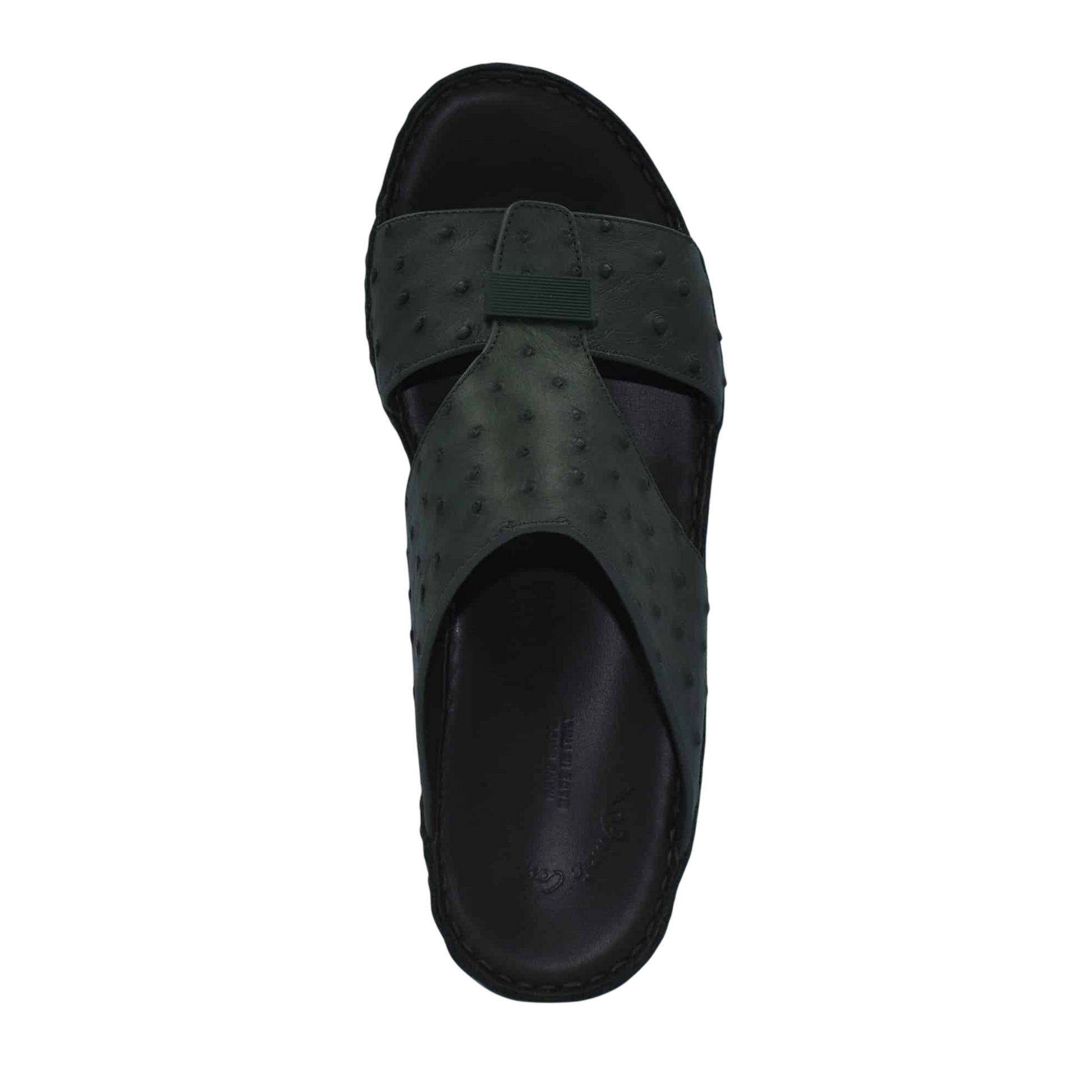 Top view of black ostrich leather sandals with crossed straps and cushioned footbed