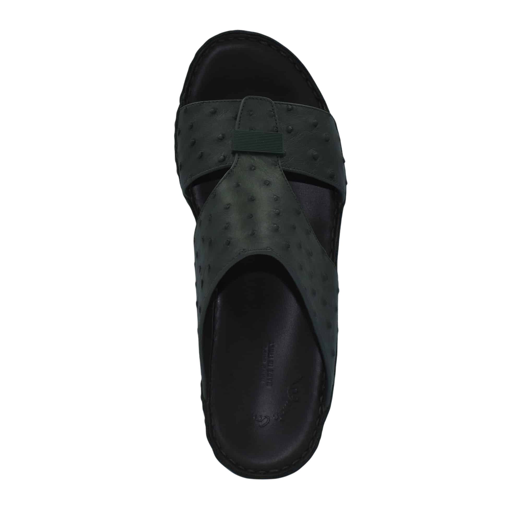 Top view of black ostrich leather sandals with crossed straps and cushioned footbed